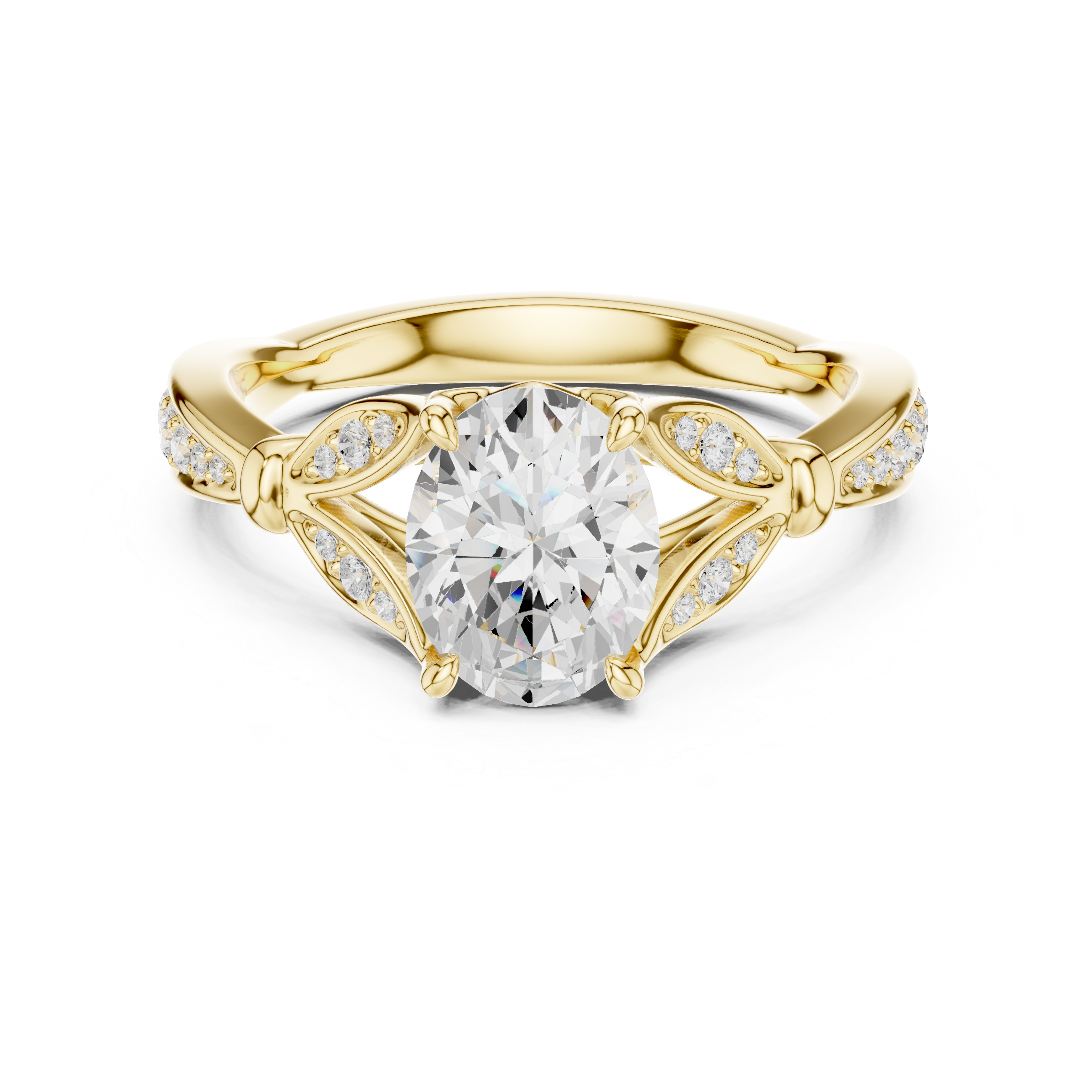 Oval Cut Vintage Inspired Engagement Ring with Leaf Motif Diamond Accents