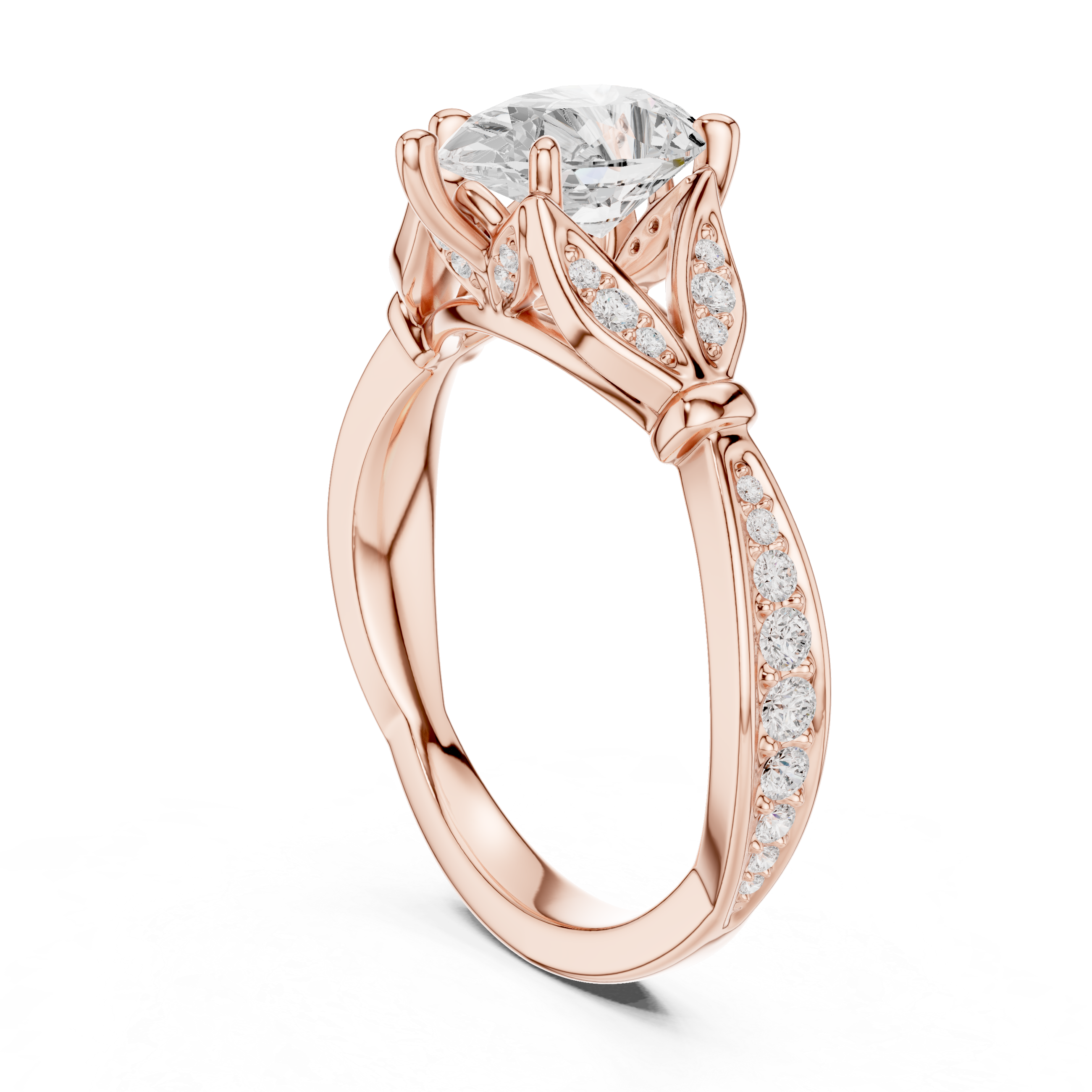 Pear Cut Vintage Inspired Engagement Ring with Leaf Motif Diamond Band