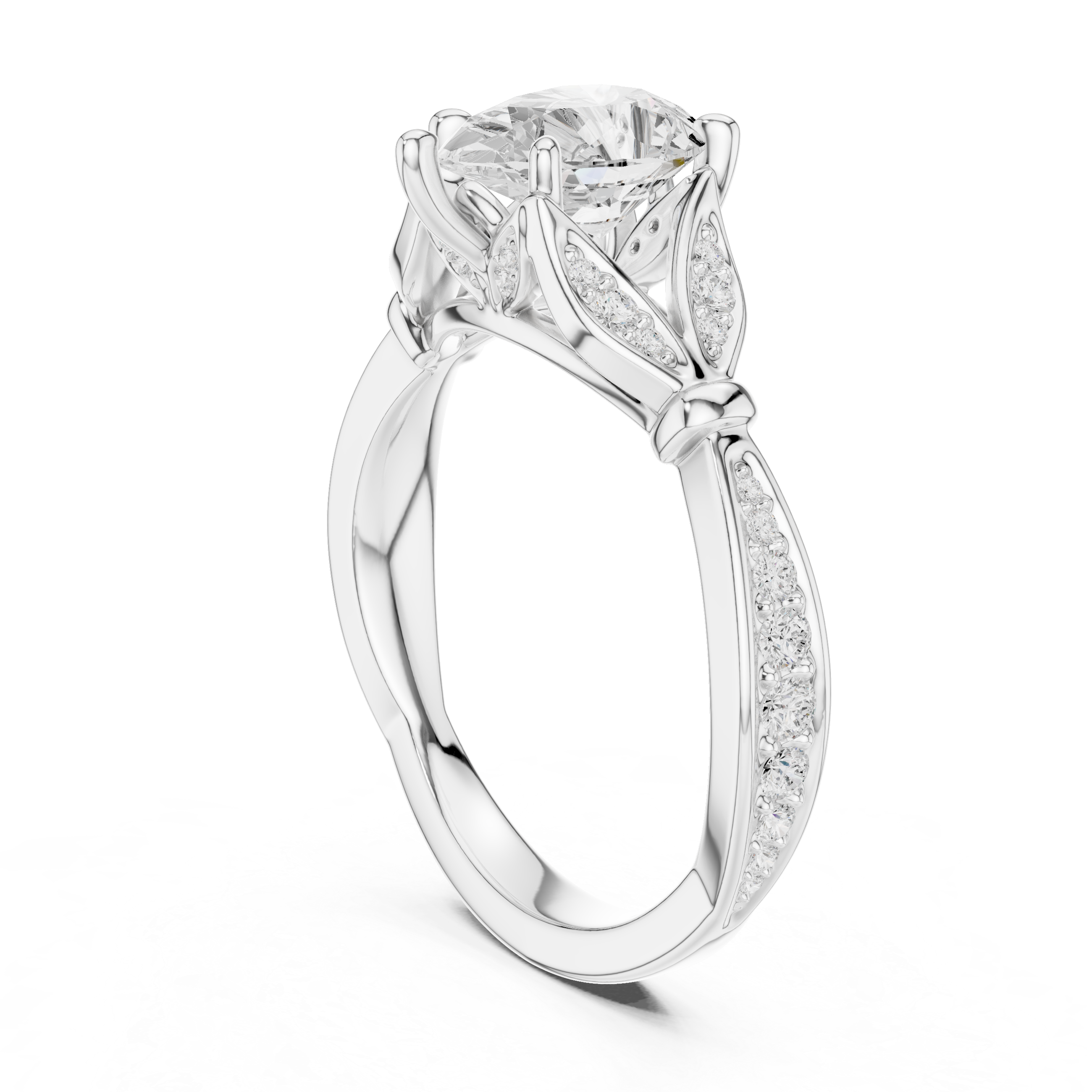 Pear Cut Vintage Inspired Engagement Ring with Leaf Motif Diamond Band