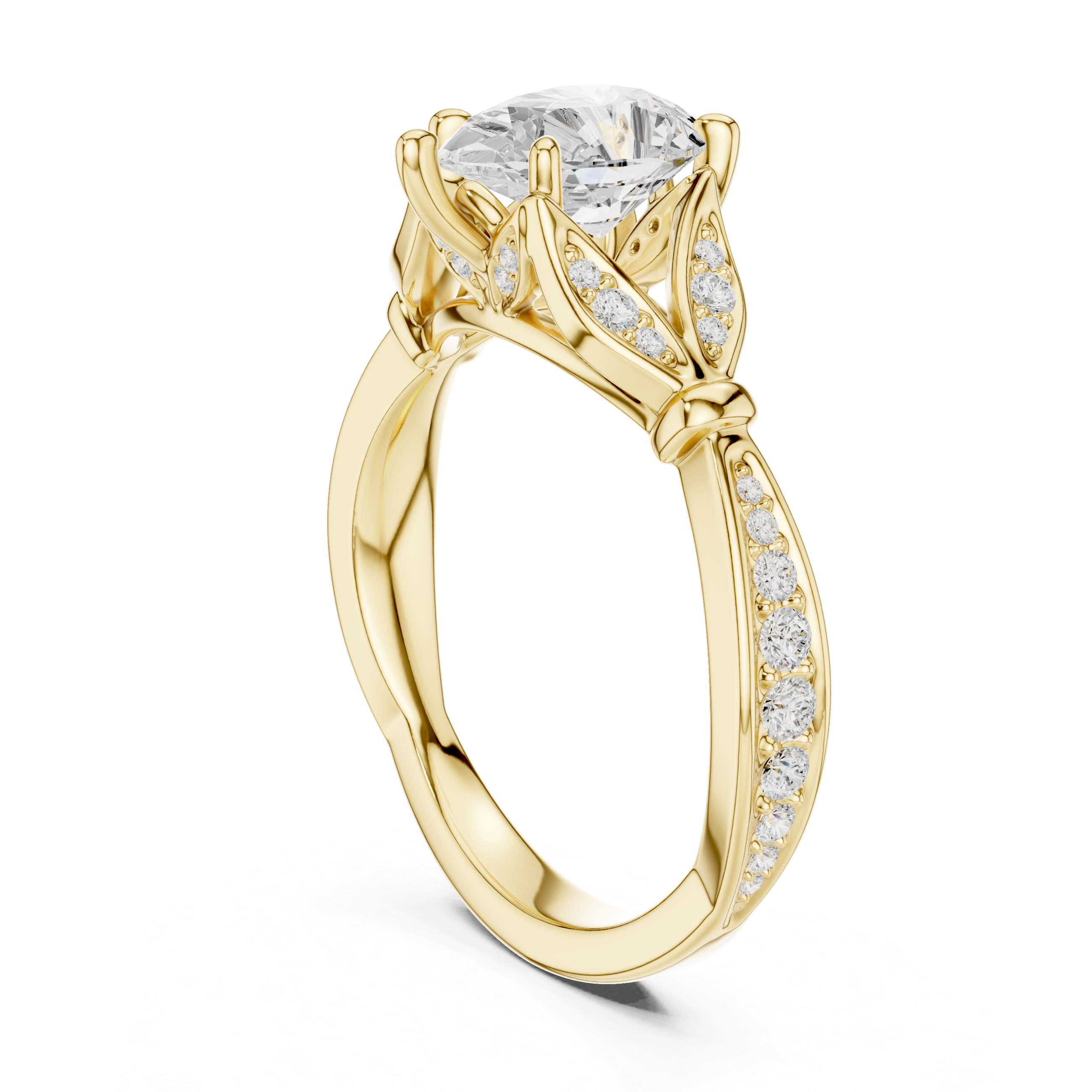 Pear Cut Vintage Inspired Engagement Ring with Leaf Motif Diamond Band