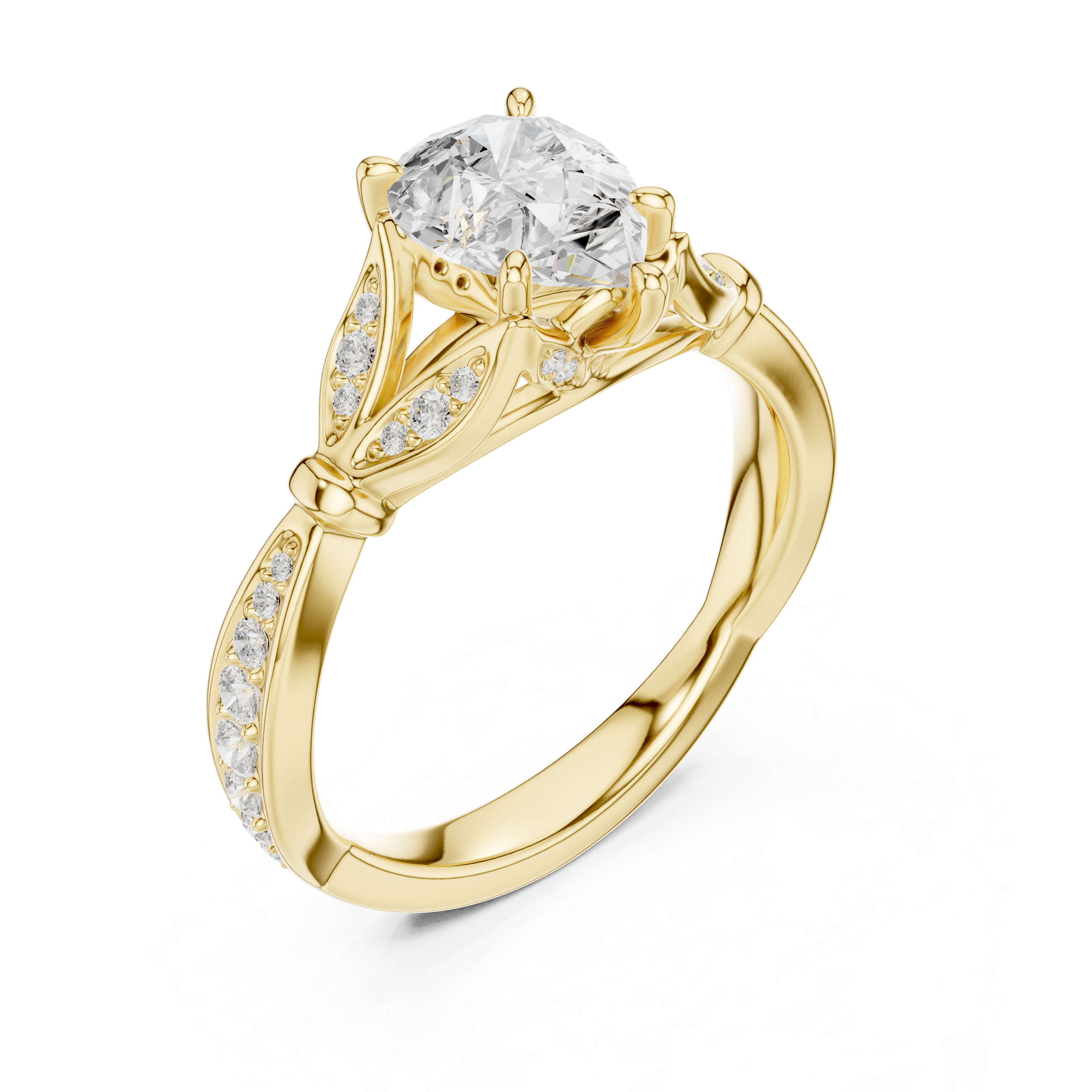 Pear Cut Vintage Inspired Engagement Ring with Leaf Motif Diamond Band