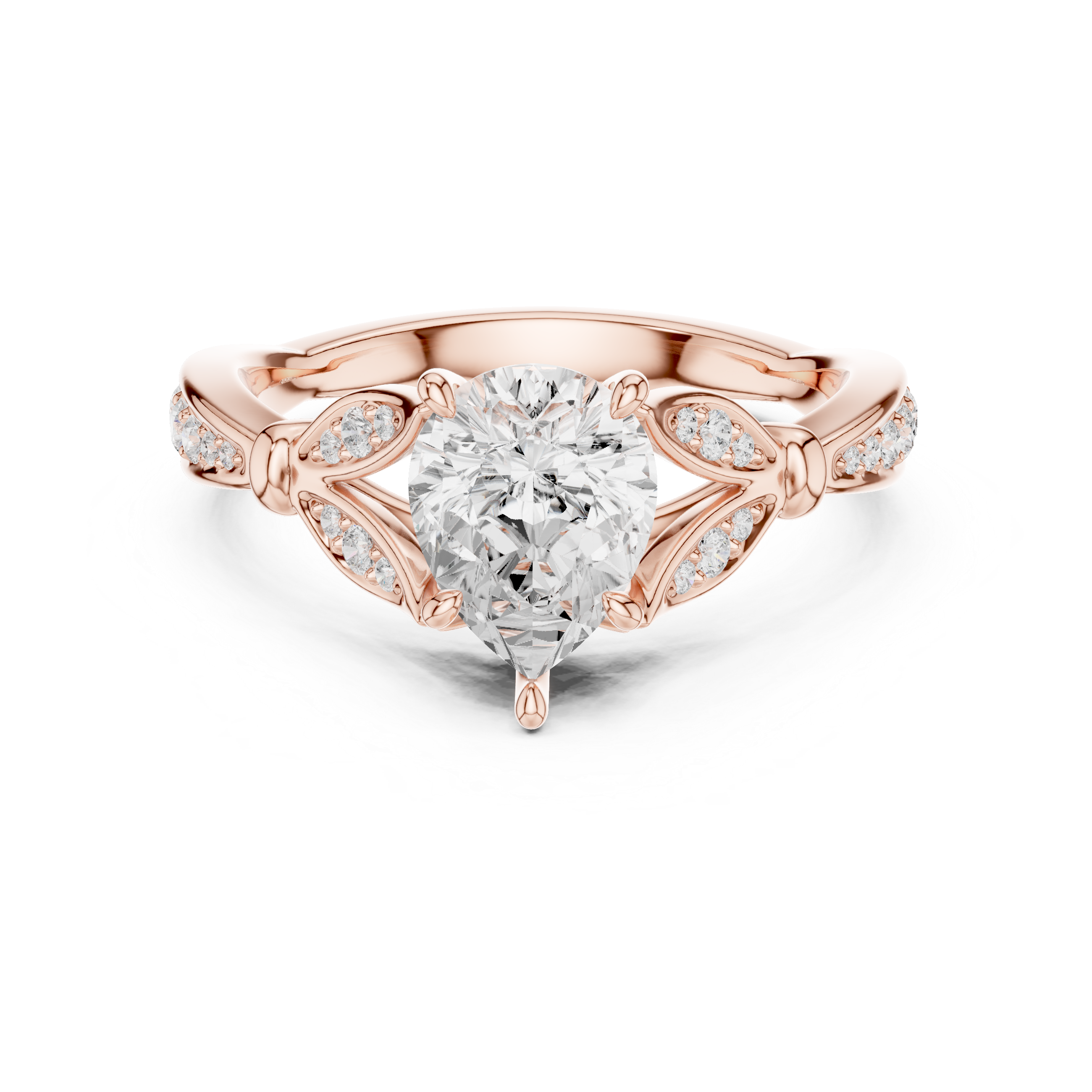 Pear Cut Vintage Inspired Engagement Ring with Leaf Motif Diamond Band