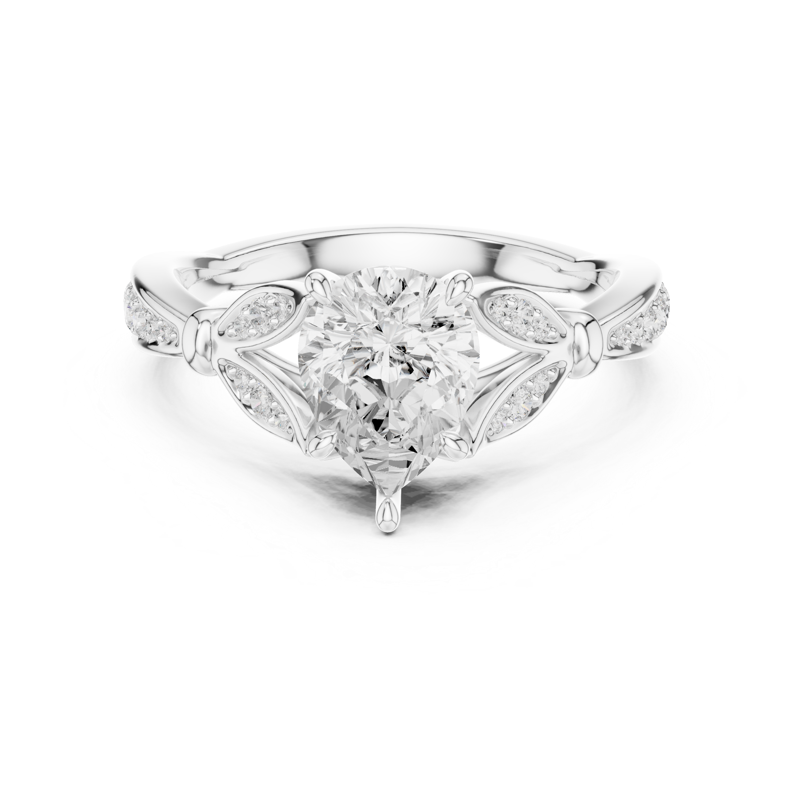 Pear Cut Vintage Inspired Engagement Ring with Leaf Motif Diamond Band