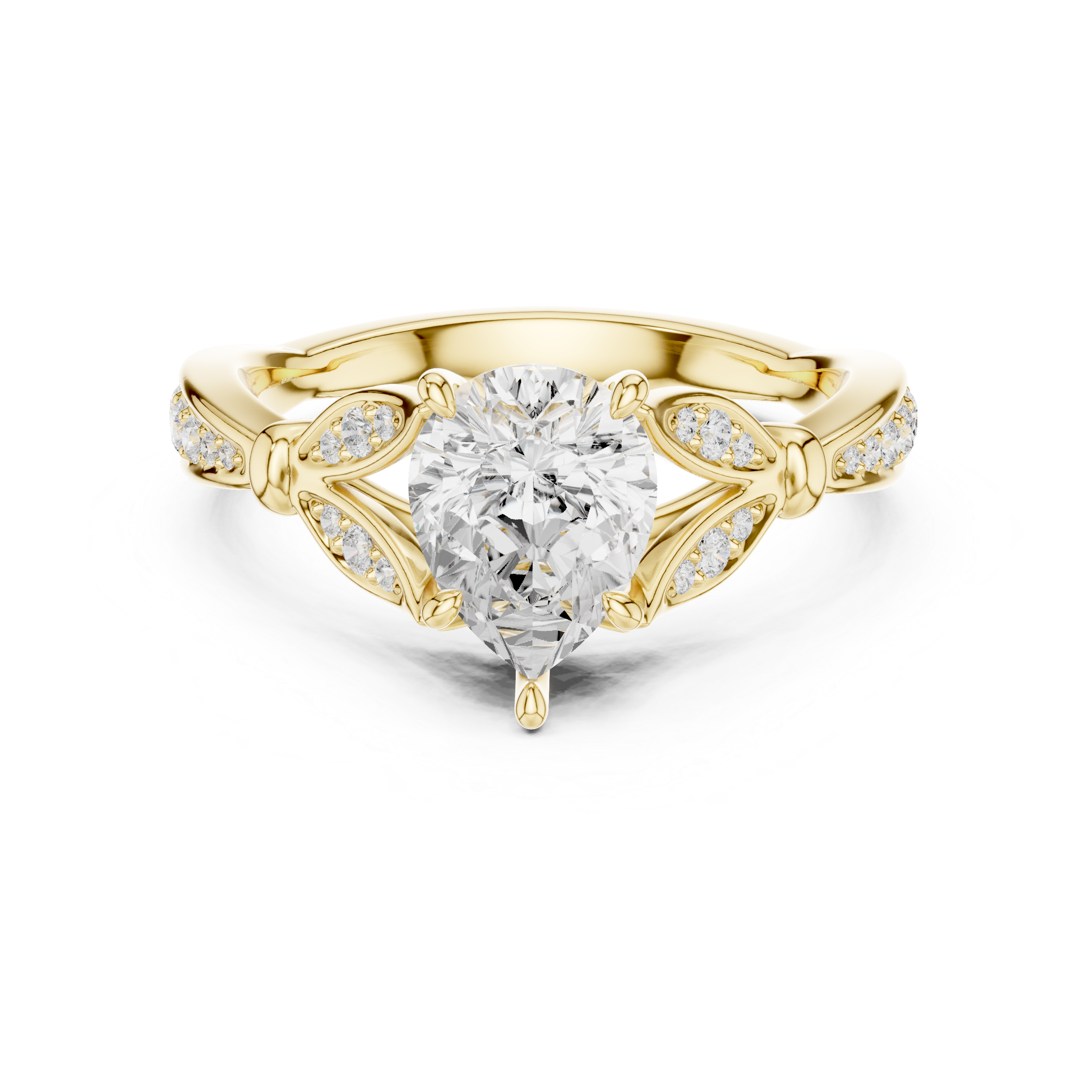 Pear Cut Vintage Inspired Engagement Ring with Leaf Motif Diamond Band