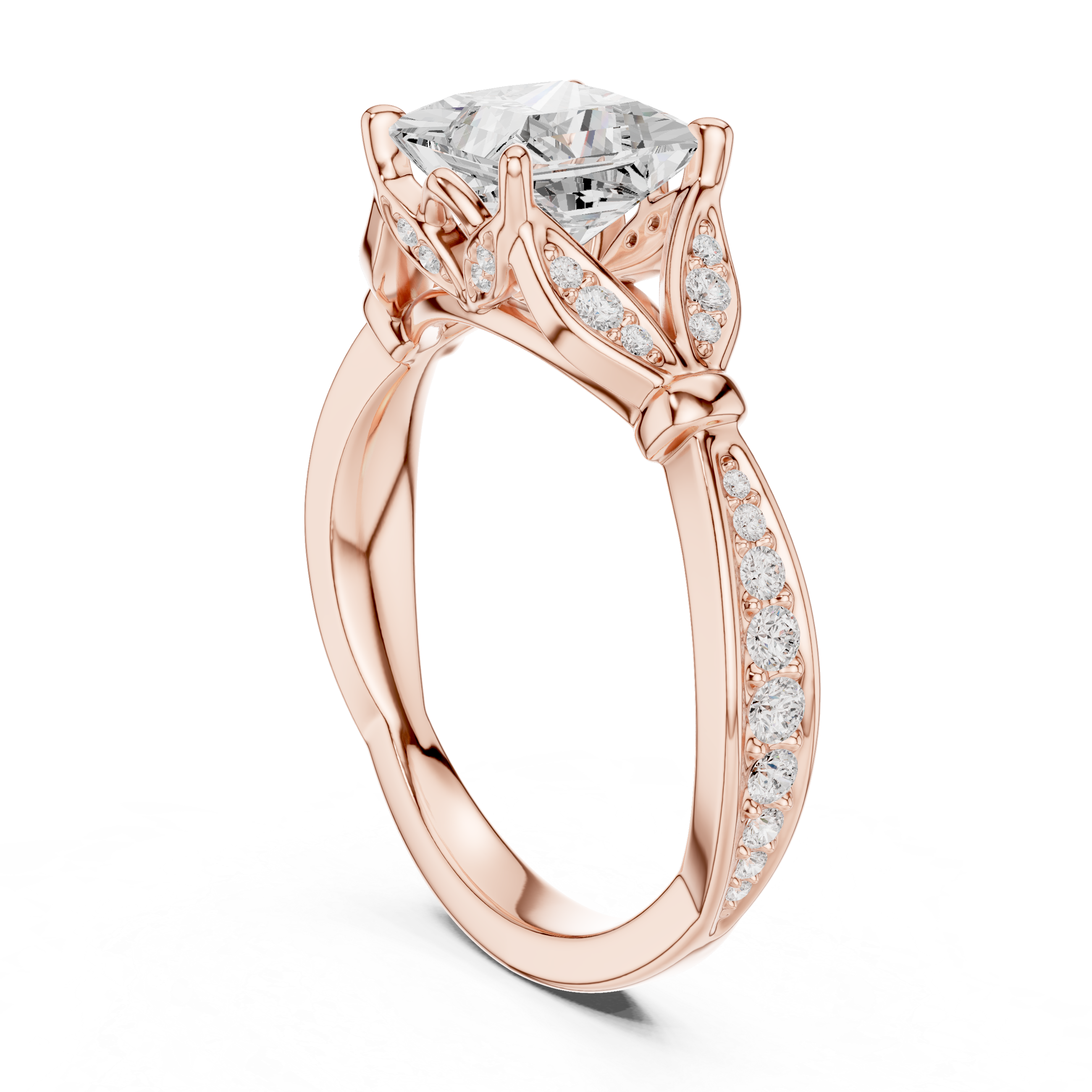 Princess Cut Vintage Inspired Engagement Ring with Leaf Motif Diamond Accents