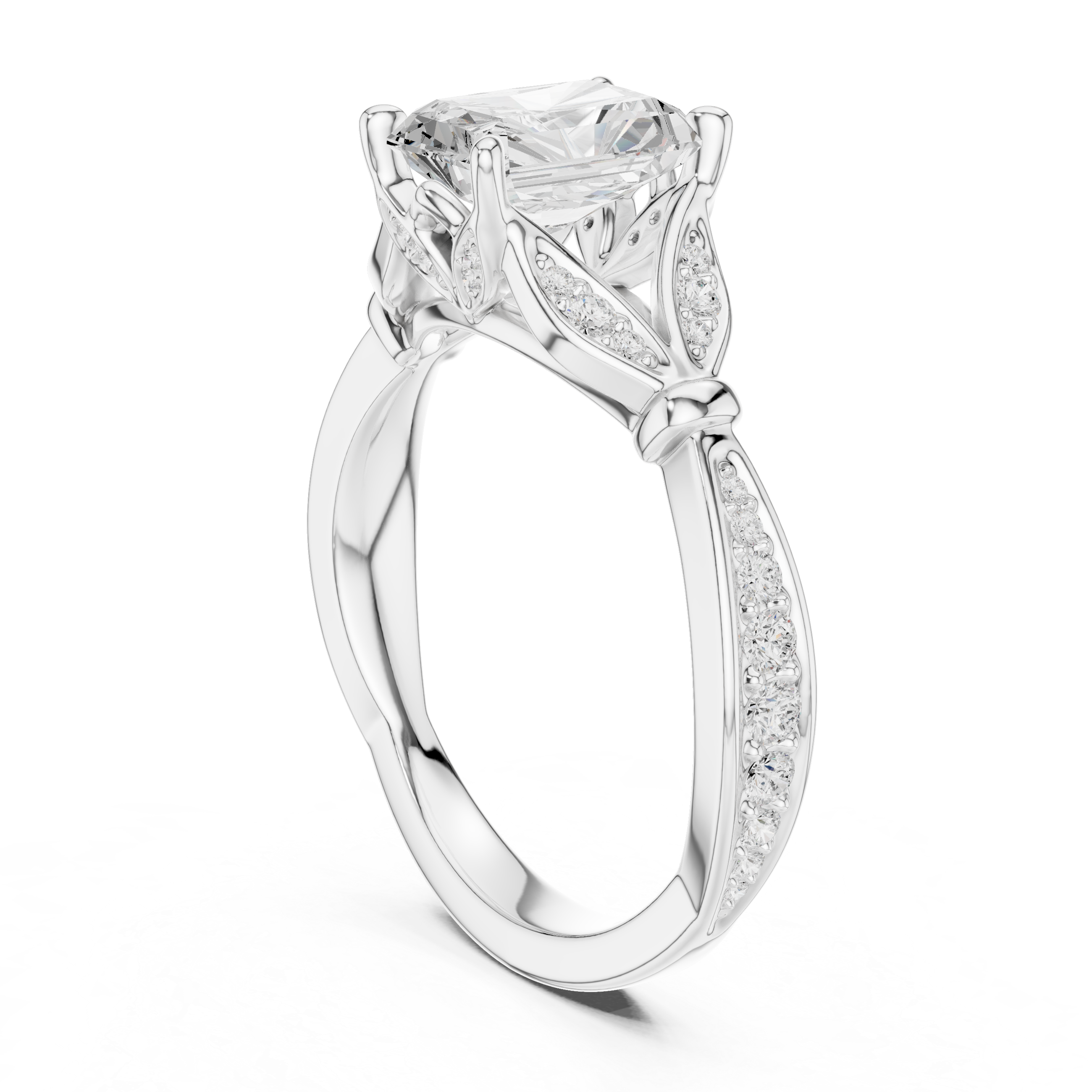 Radiant Cut Vintage Inspired Engagement Ring with Leaf Motif Pavé Diamond Band