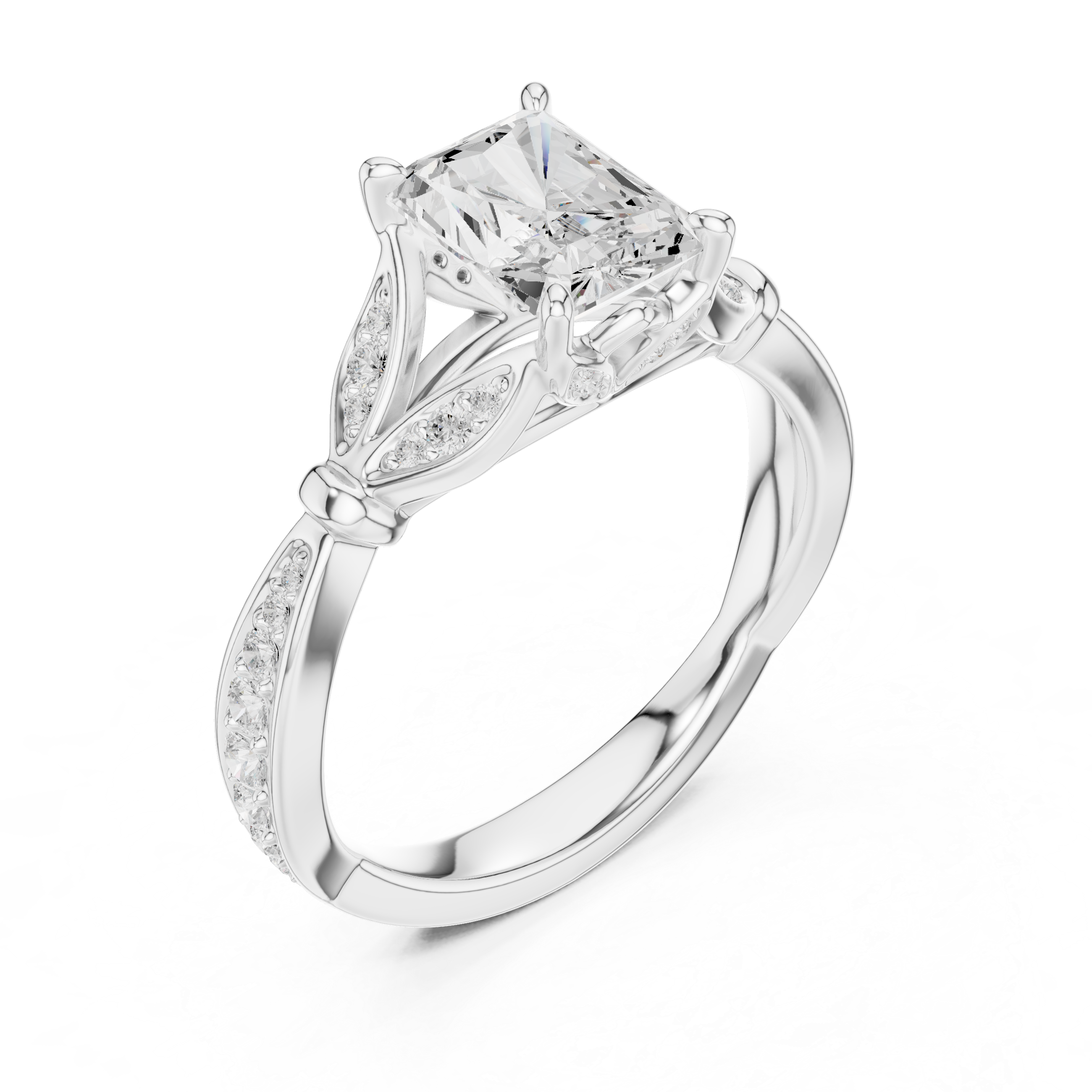Radiant Cut Vintage Inspired Engagement Ring with Leaf Motif Pavé Diamond Band