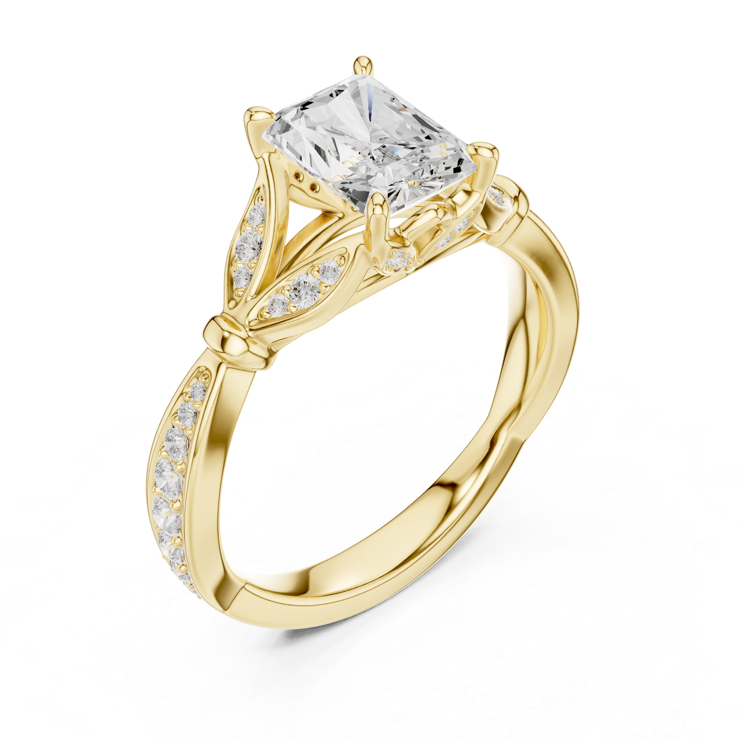 Radiant Cut Vintage Inspired Engagement Ring with Leaf Motif Pavé Diamond Band