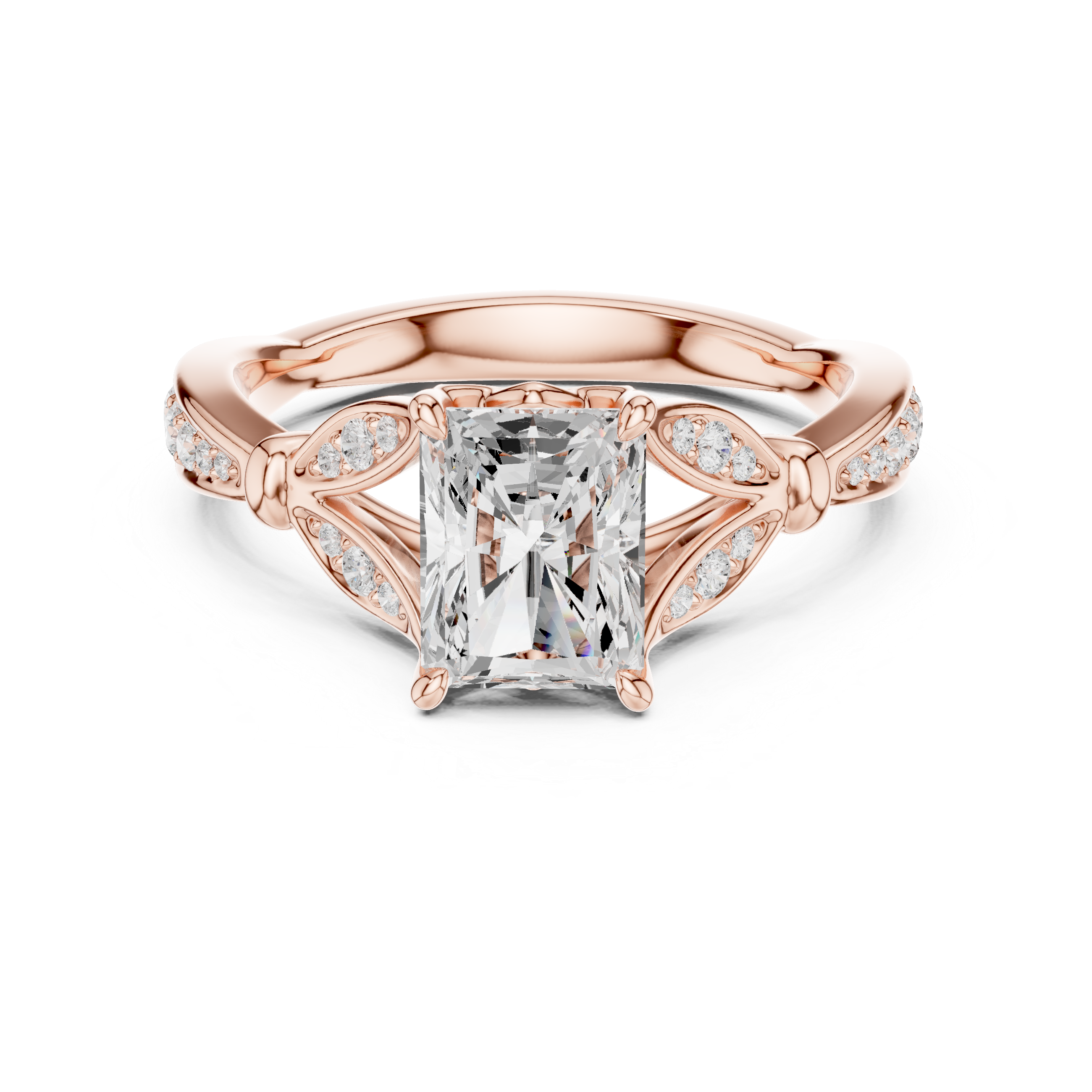 Radiant Cut Vintage Inspired Engagement Ring with Leaf Motif Pavé Diamond Band