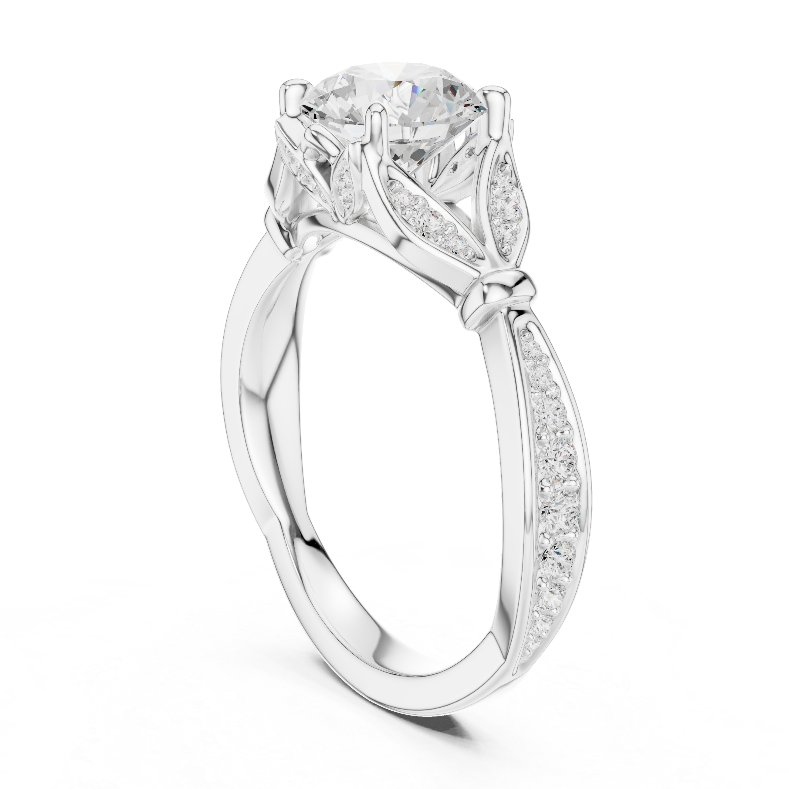Round Cut Vintage Inspired Engagement Ring with Leaf Detail Pavé Diamond Setting