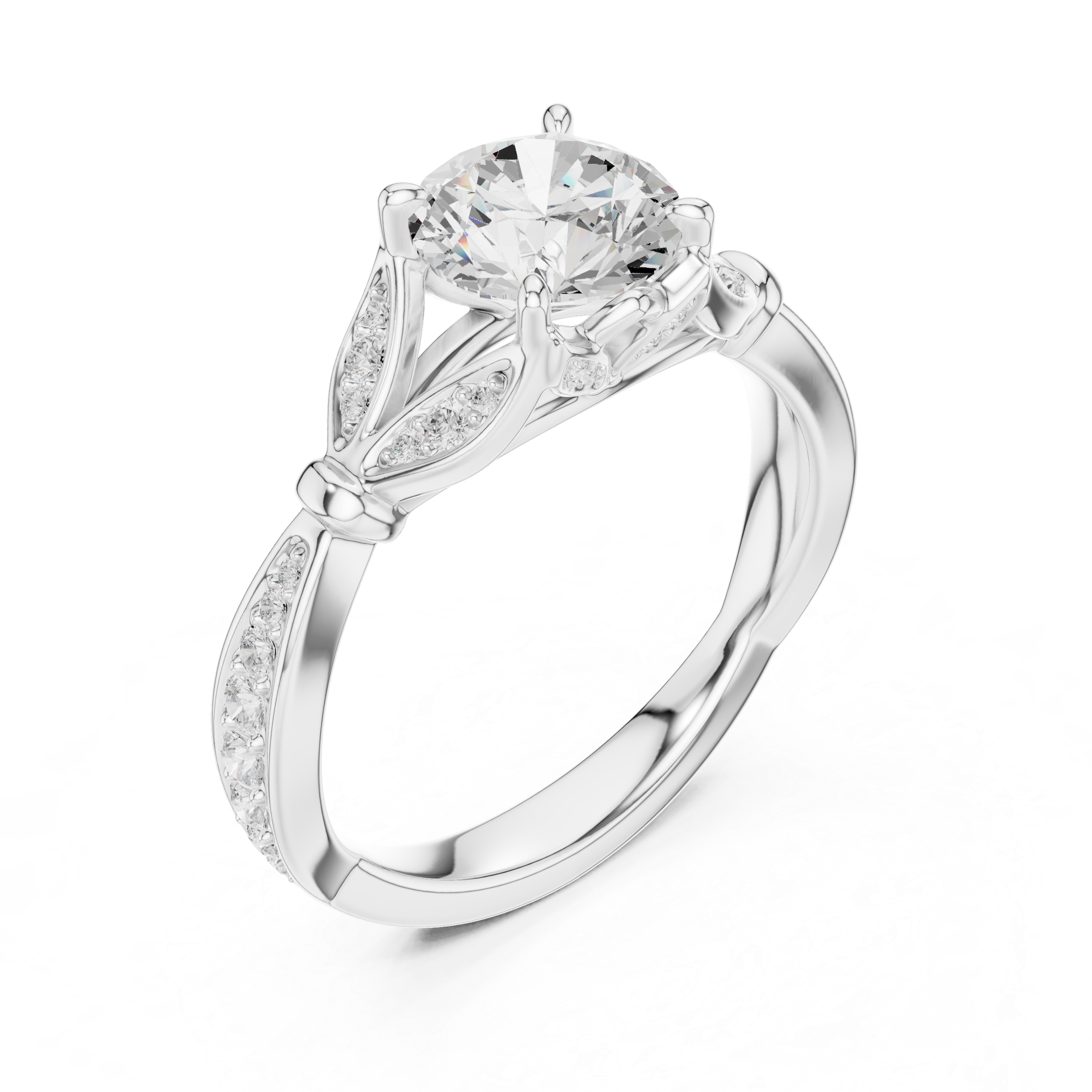 Round Cut Vintage Inspired Engagement Ring with Leaf Detail Pavé Diamond Setting
