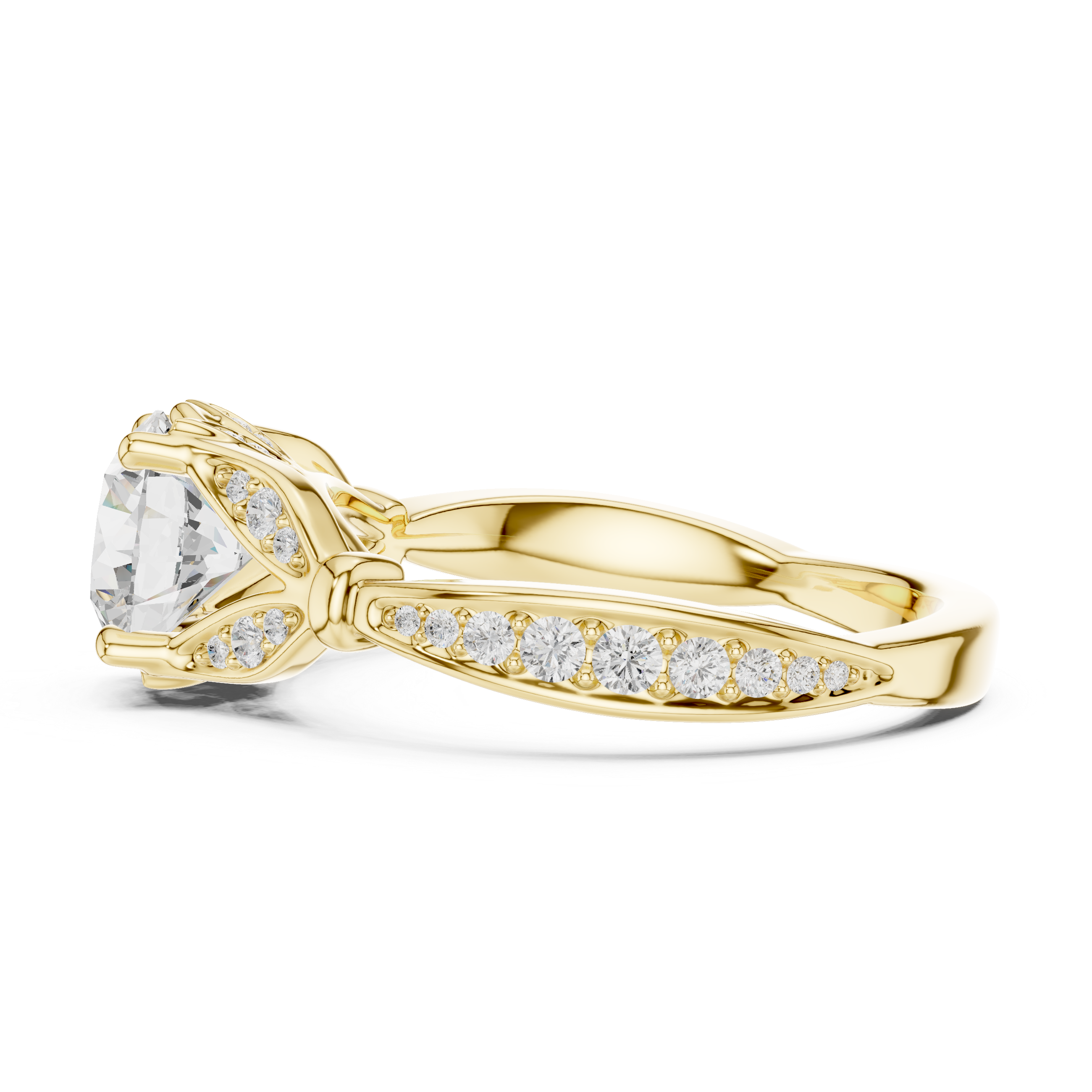 Round Cut Vintage Inspired Engagement Ring with Leaf Detail Pavé Diamond Setting