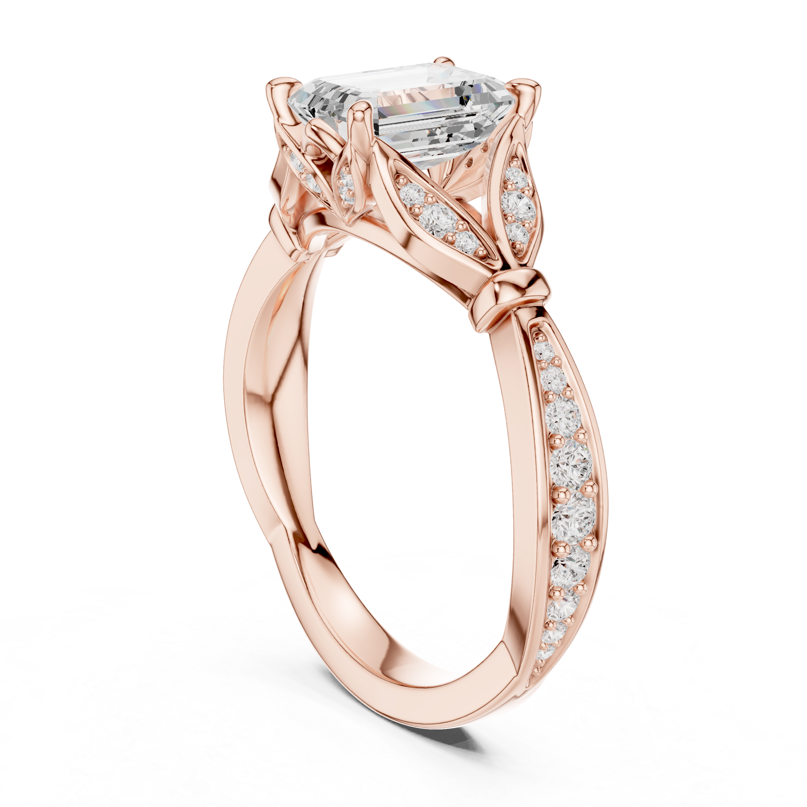 Emerald-Cut Botanical Leaf Pavé Engagement Ring with Openwork Split Shank