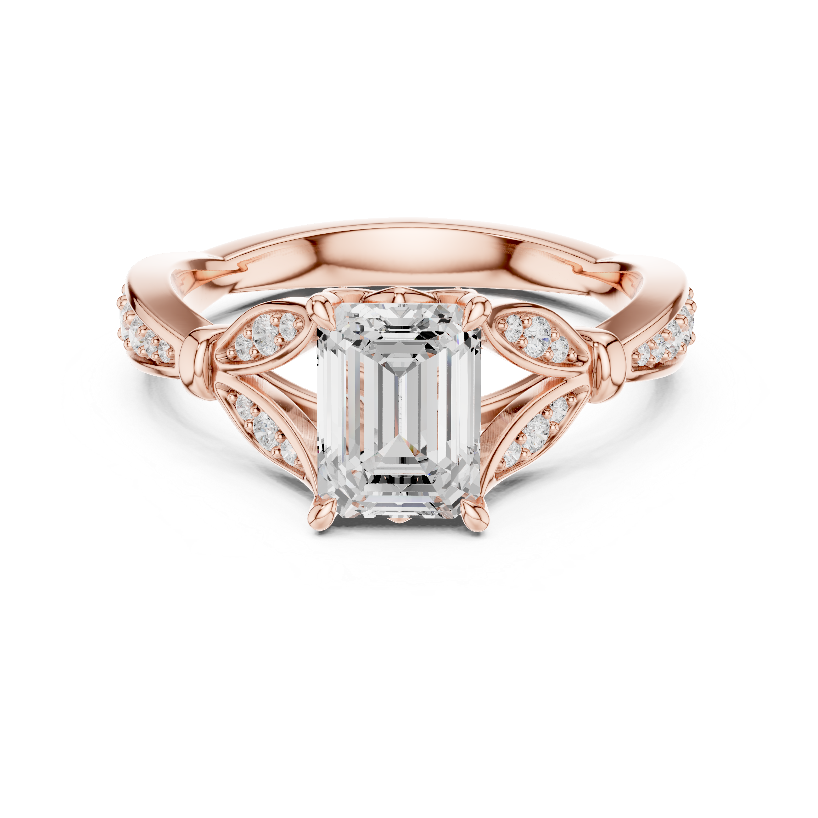 Emerald-Cut Botanical Leaf Pavé Engagement Ring with Openwork Split Shank