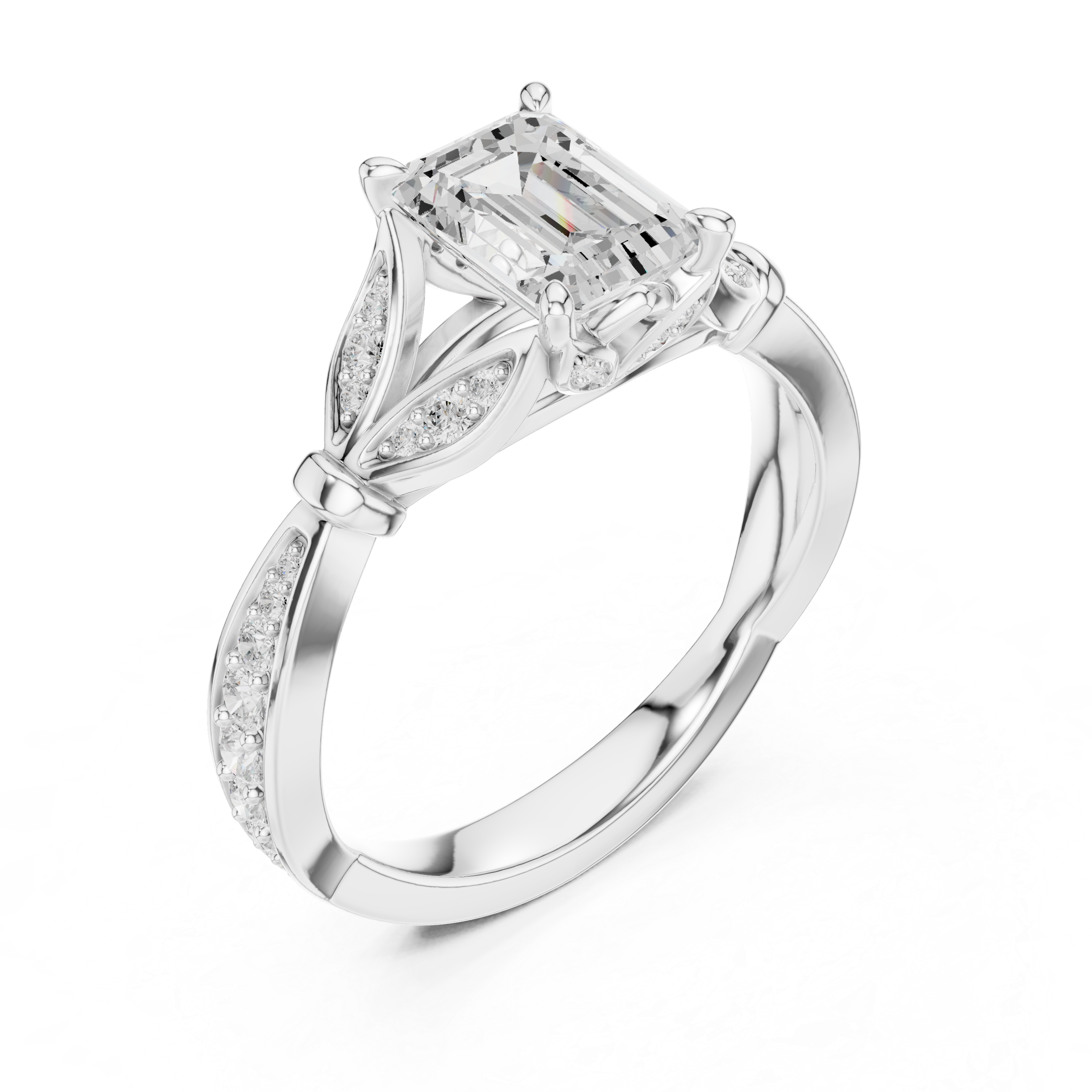 Emerald-Cut Botanical Leaf Pavé Engagement Ring with Openwork Split Shank
