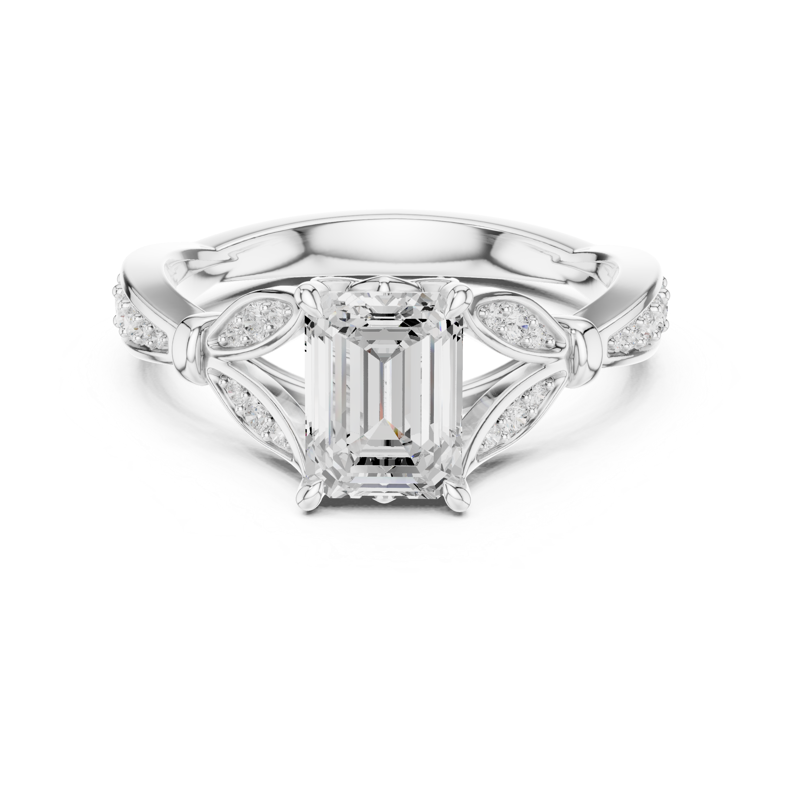 Emerald-Cut Botanical Leaf Pavé Engagement Ring with Openwork Split Shank