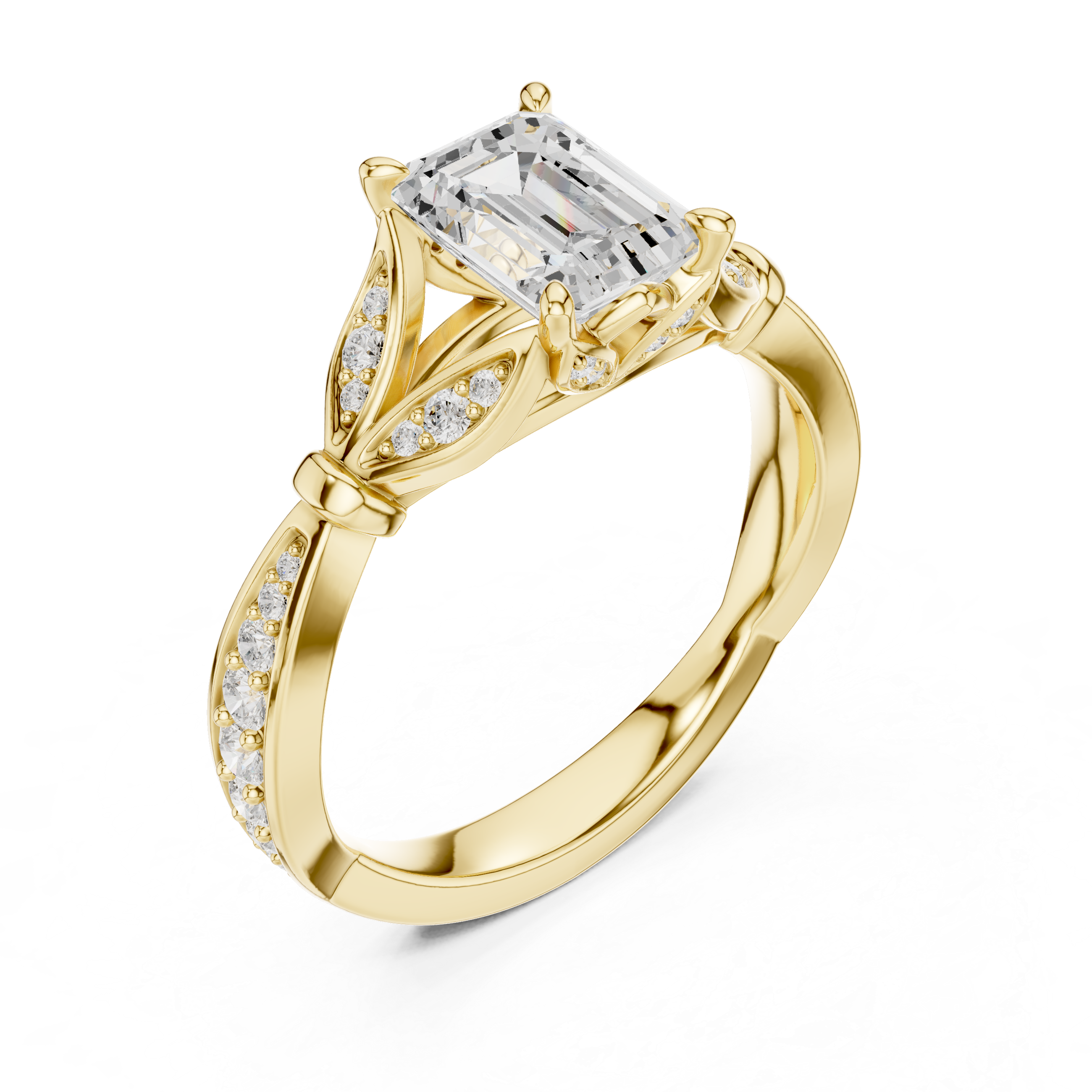 Emerald-Cut Botanical Leaf Pavé Engagement Ring with Openwork Split Shank