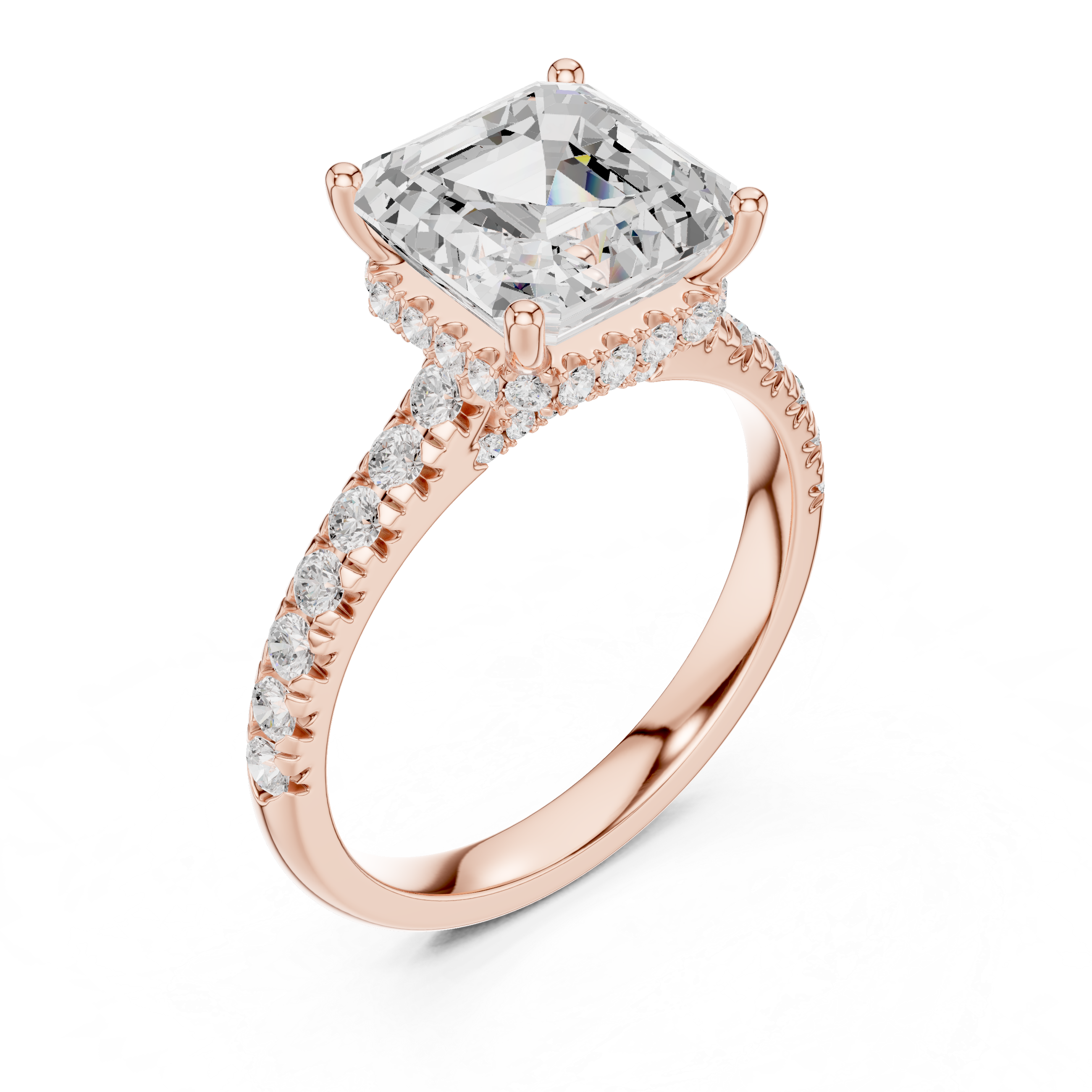 Asscher Cut Hidden Halo Engagement Ring with Pavé Diamond Band