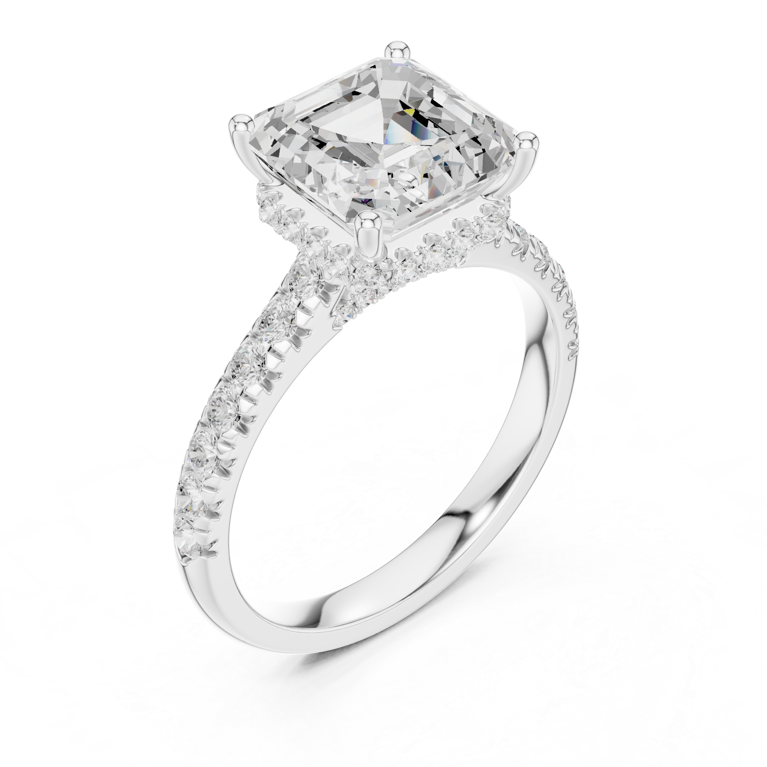 Asscher Cut Hidden Halo Engagement Ring with Pavé Diamond Band