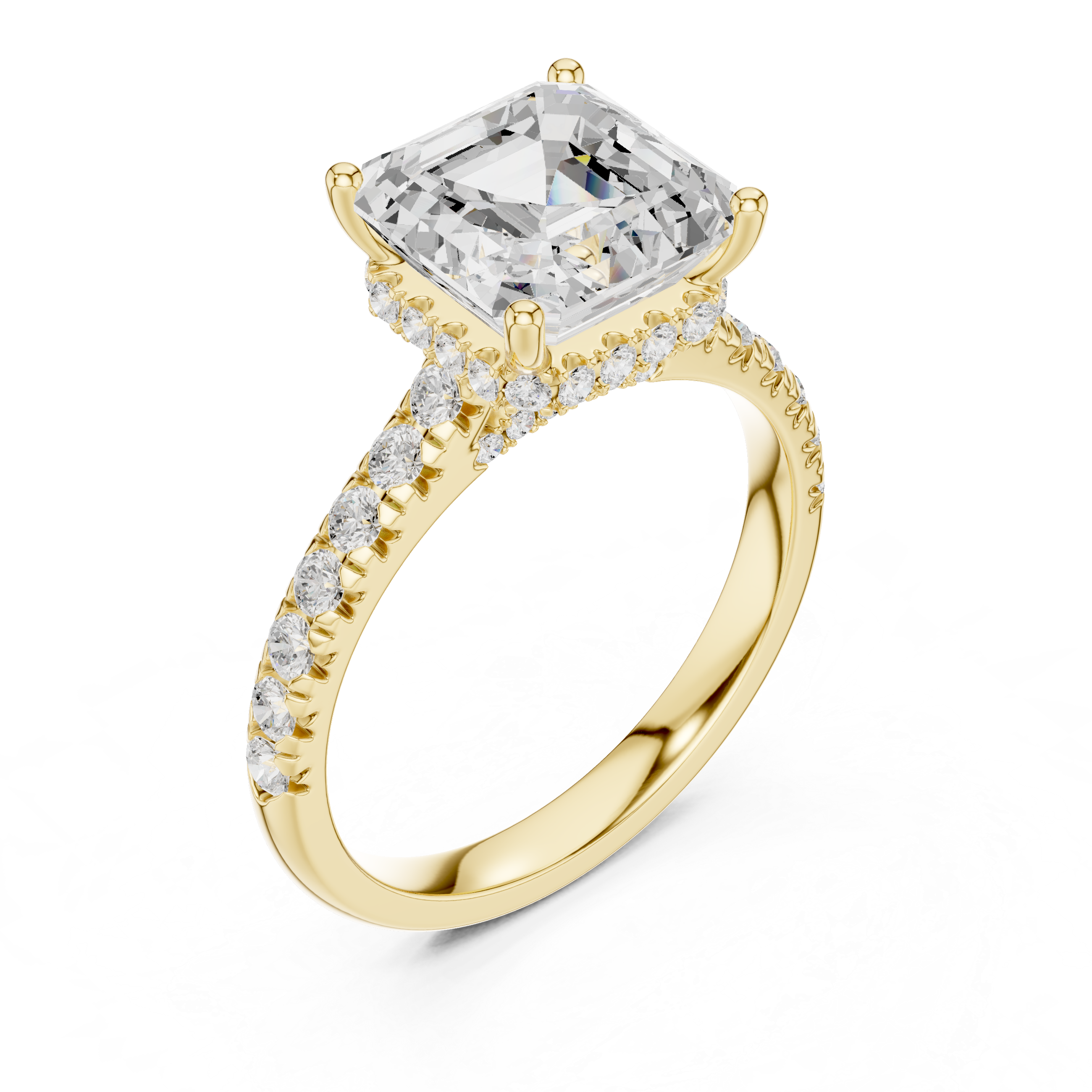 Asscher Cut Hidden Halo Engagement Ring with Pavé Diamond Band