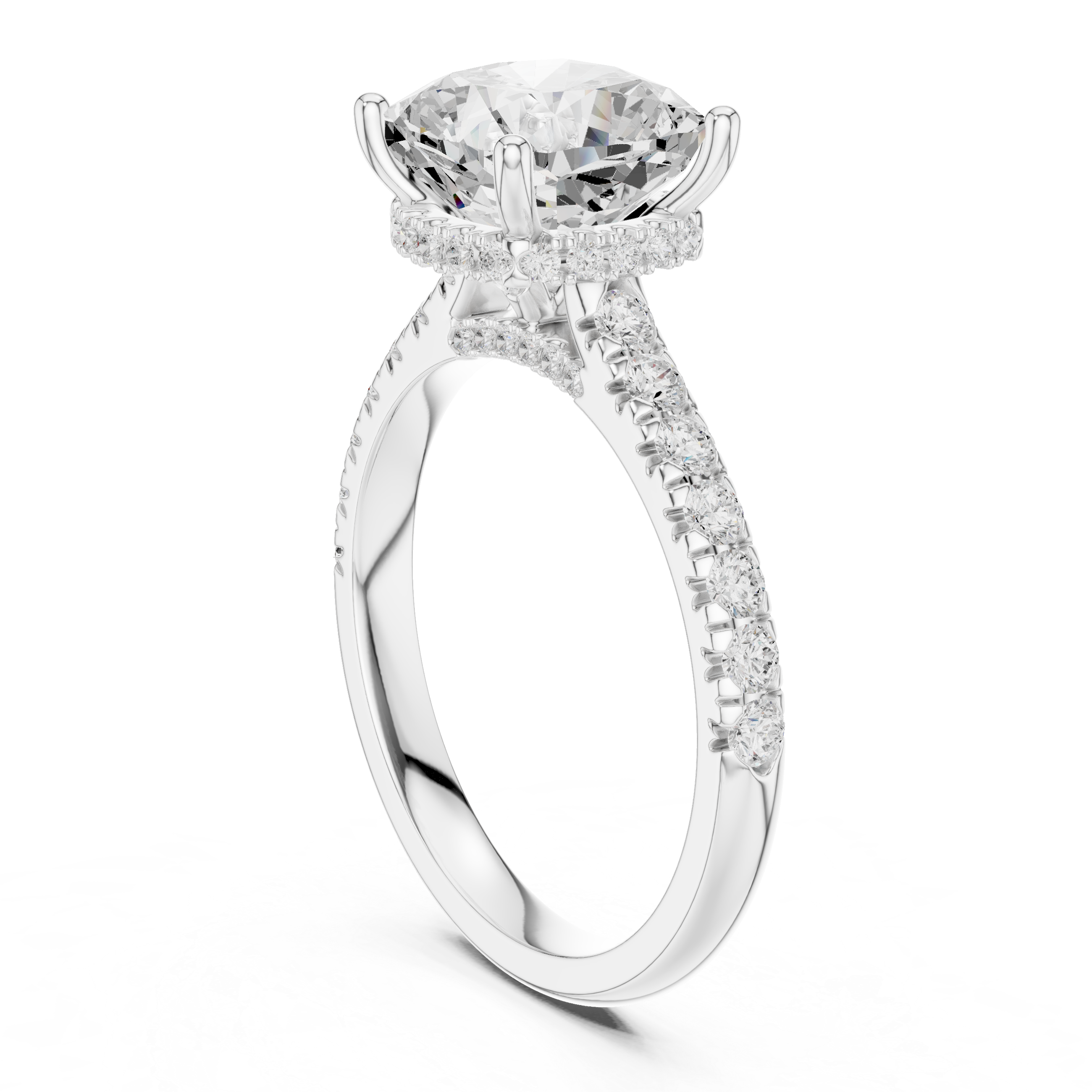 Cushion Cut Hidden Halo Engagement Ring with Pavé Diamond Band
