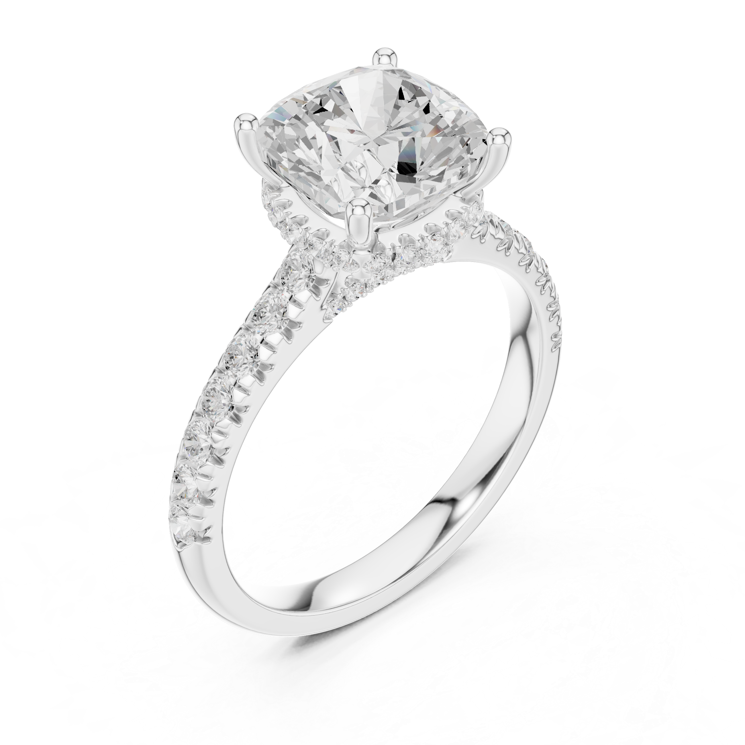 Cushion Cut Hidden Halo Engagement Ring with Pavé Diamond Band