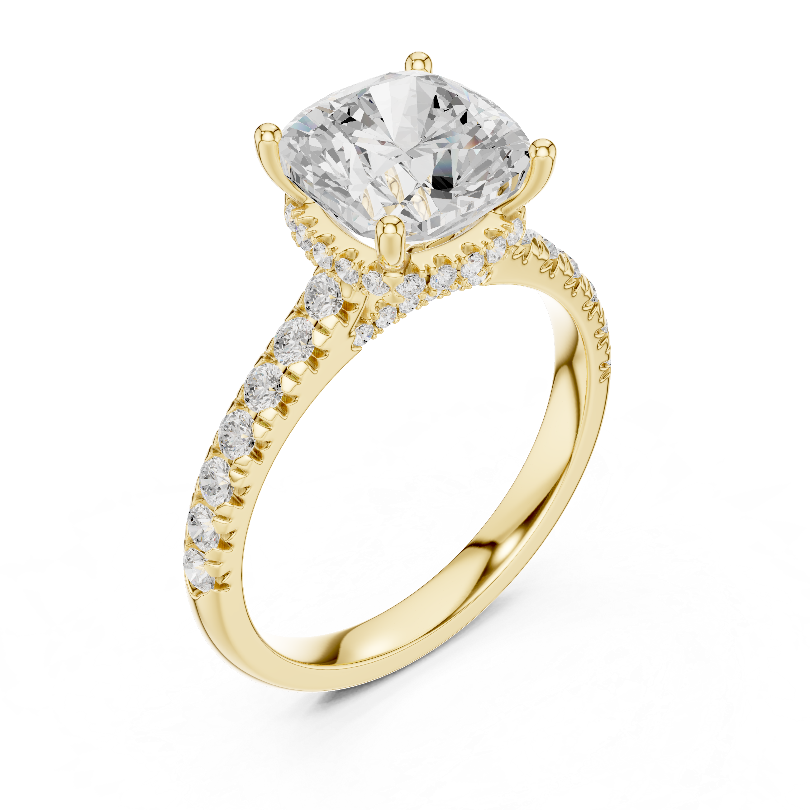 Cushion Cut Hidden Halo Engagement Ring with Pavé Diamond Band