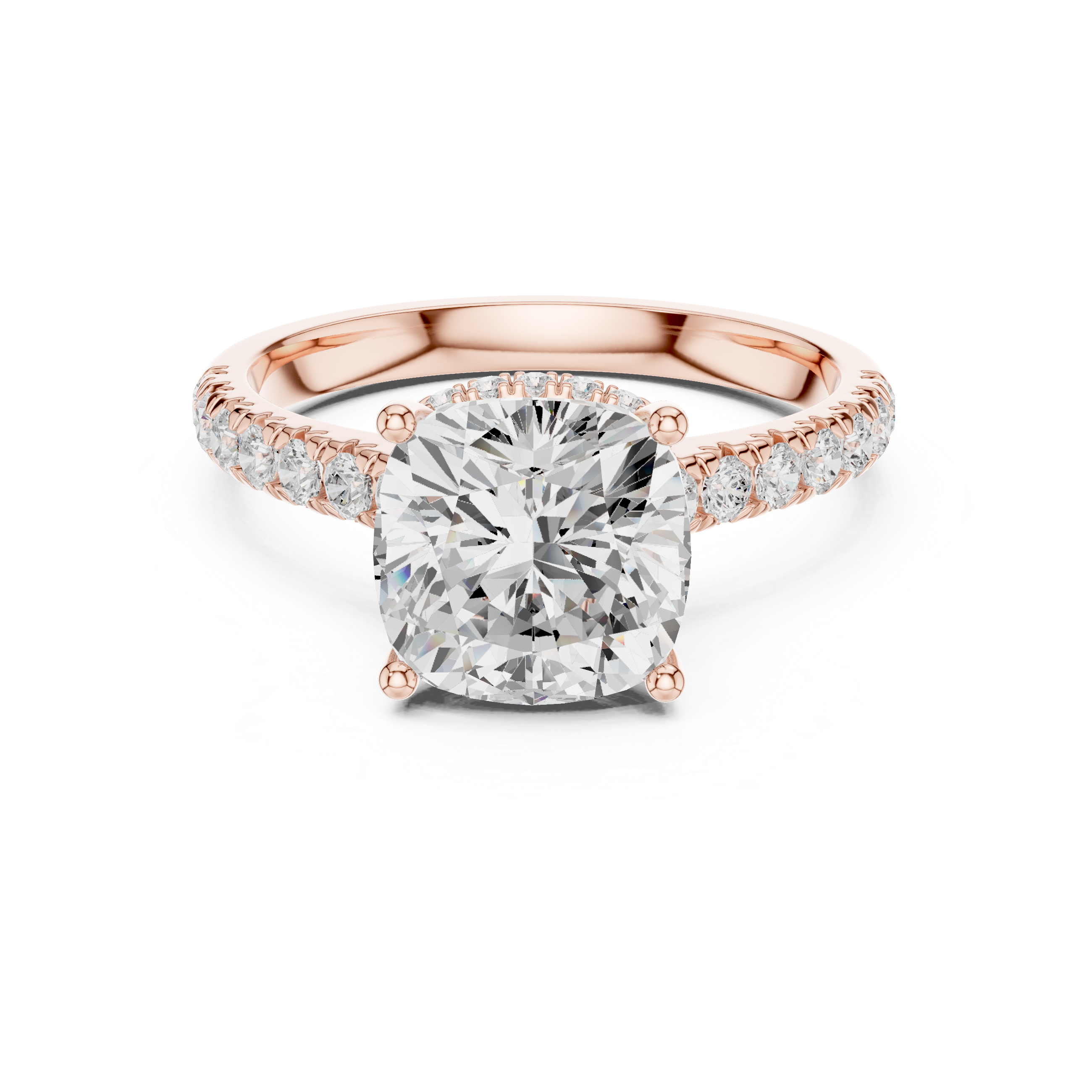 Cushion Cut Hidden Halo Engagement Ring with Pavé Diamond Band