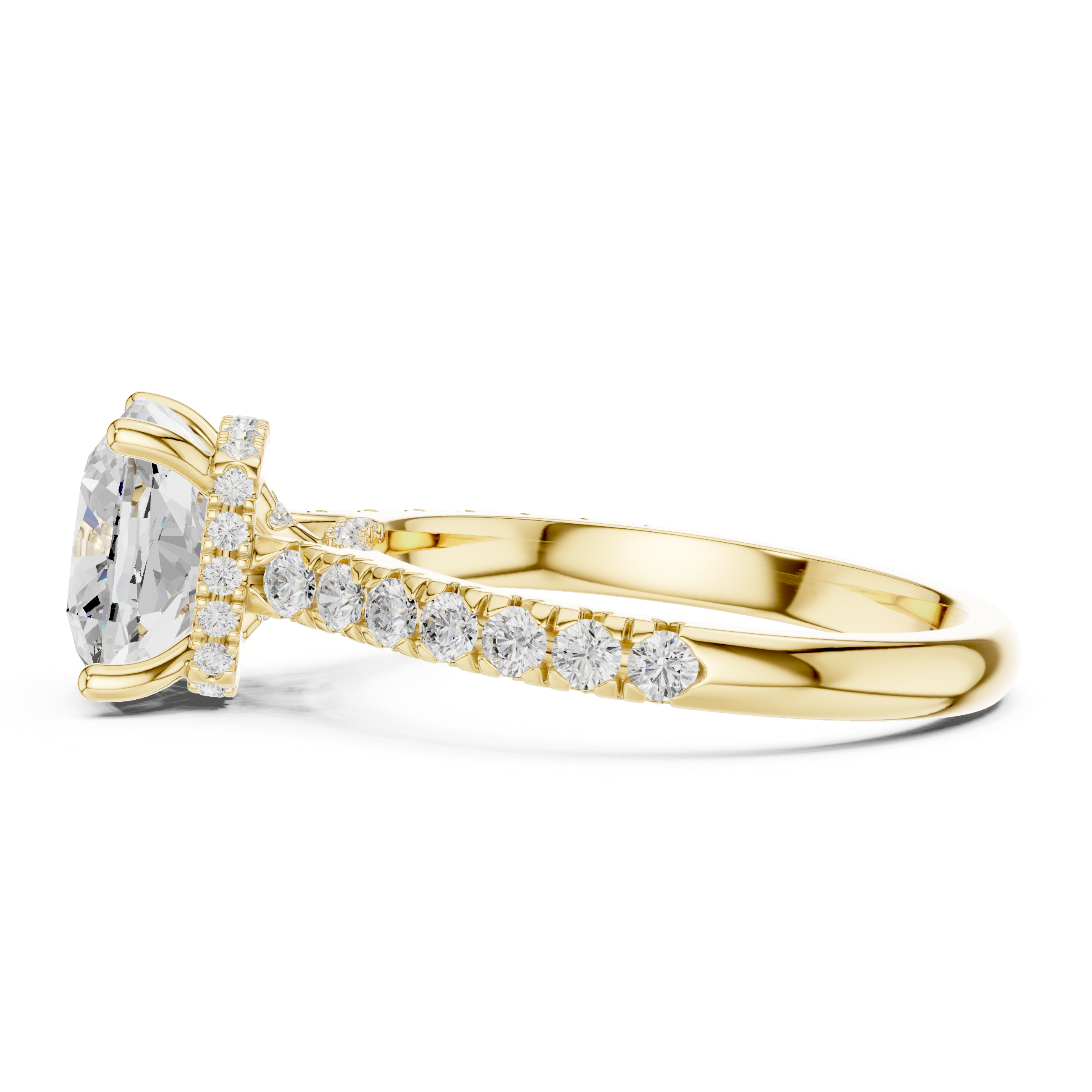 Cushion Cut Hidden Halo Engagement Ring with Pavé Diamond Band