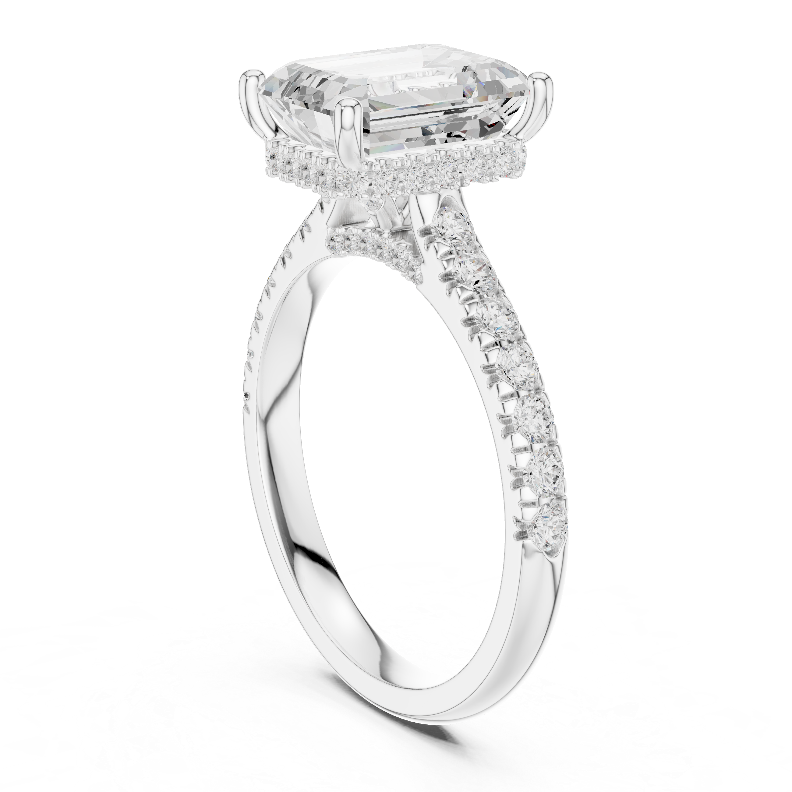 Emerald Cut Hidden Halo Engagement Ring with Pavé Diamond Band