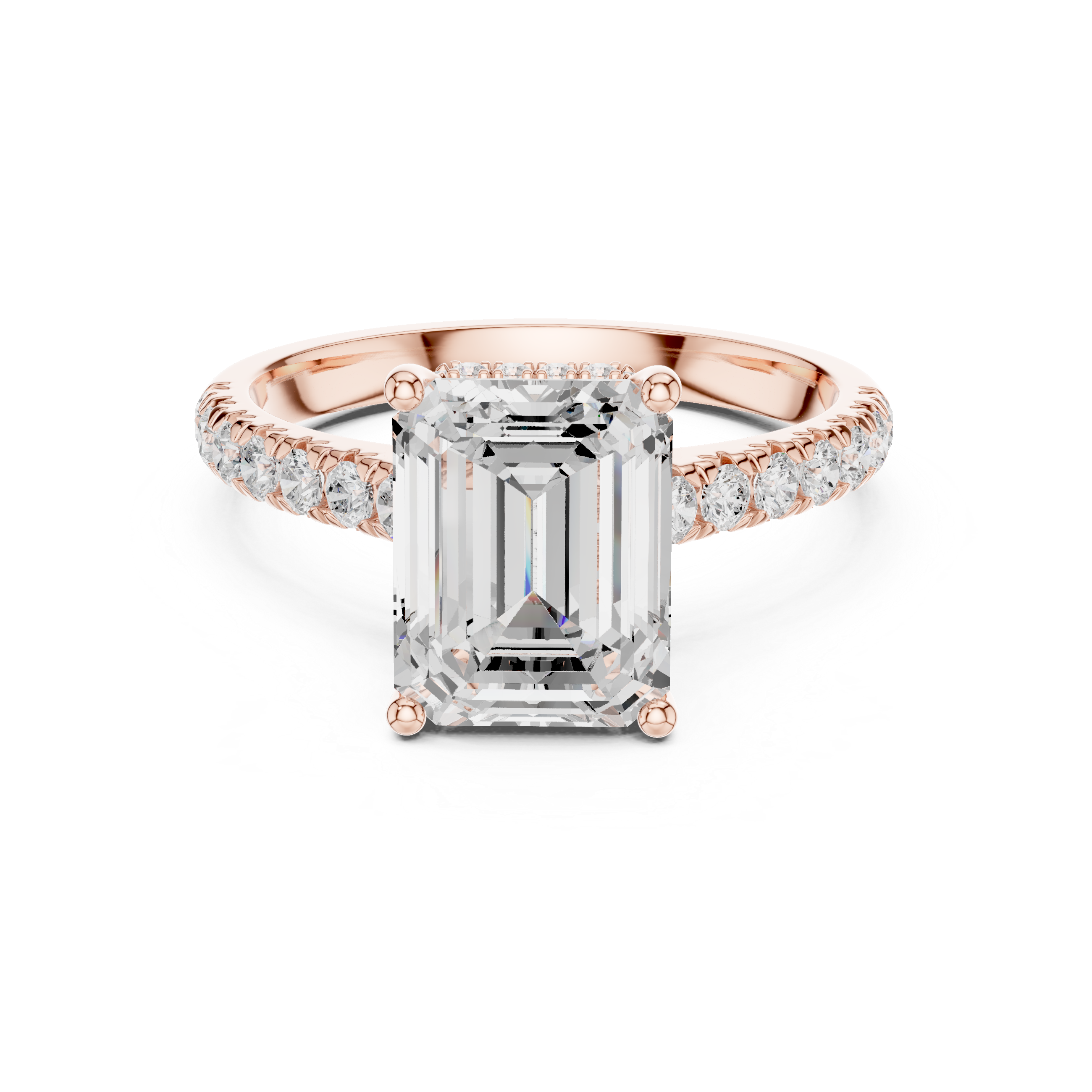 Emerald Cut Hidden Halo Engagement Ring with Pavé Diamond Band