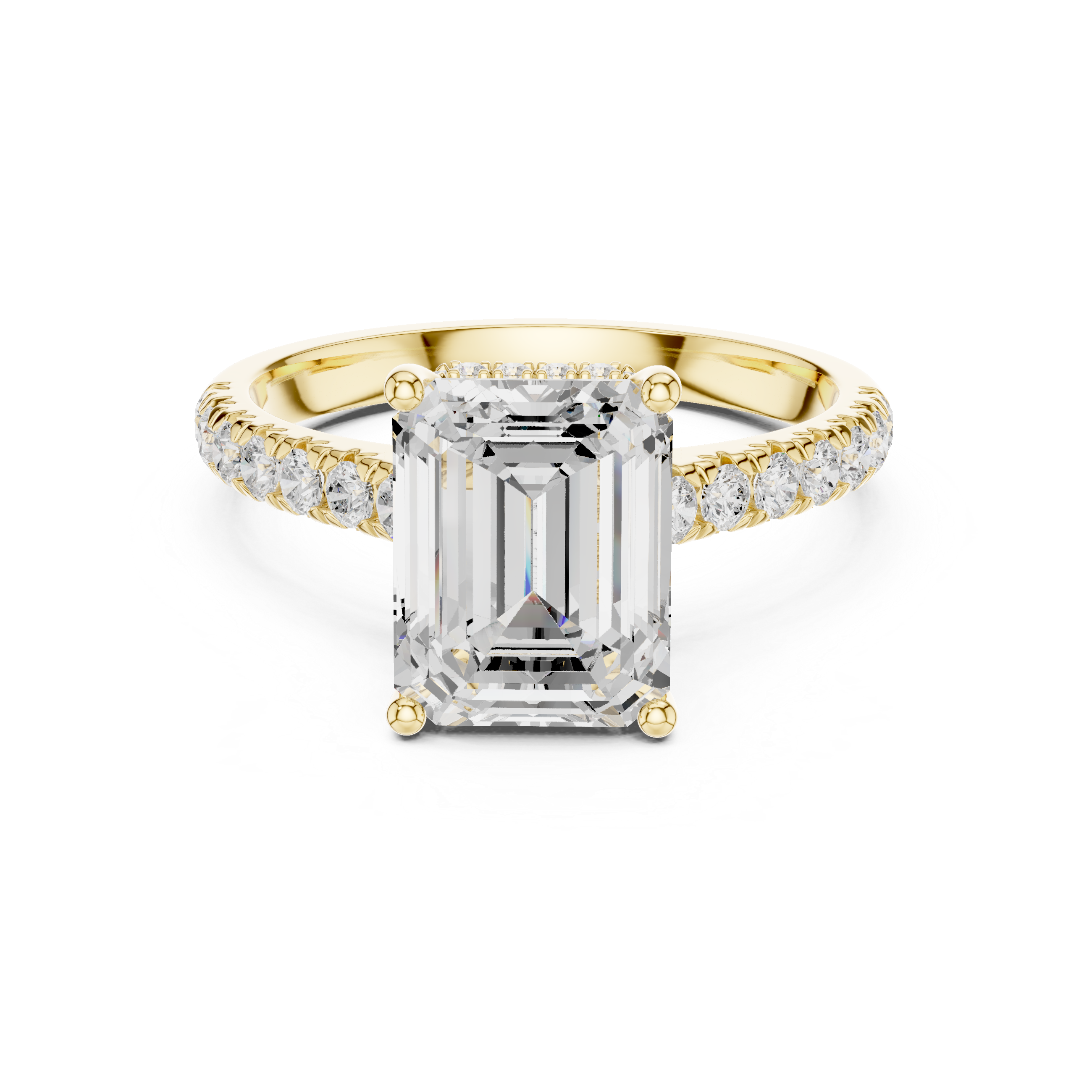 Emerald Cut Hidden Halo Engagement Ring with Pavé Diamond Band