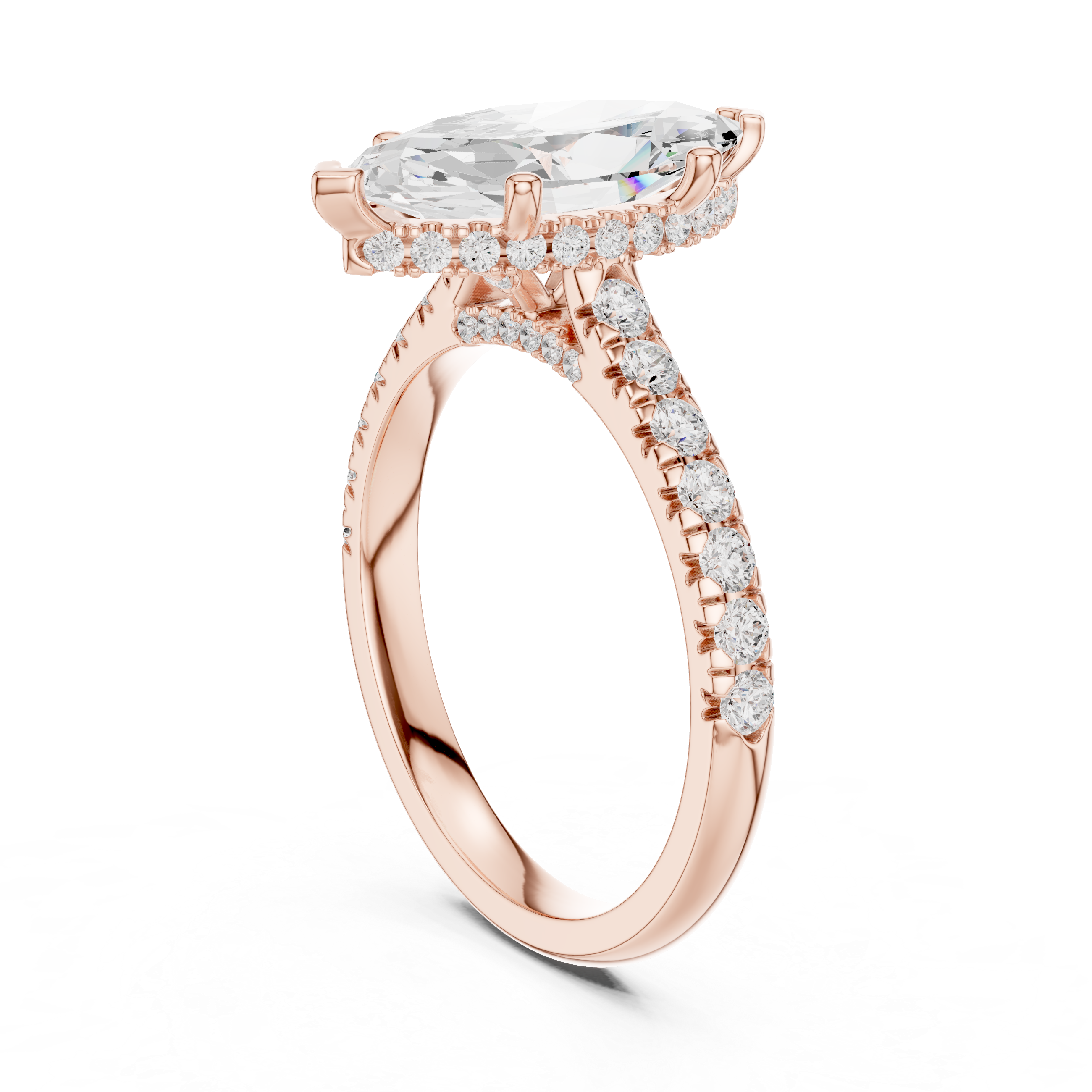 Marquise Cut Hidden Halo Engagement Ring with Pavé Diamond Band