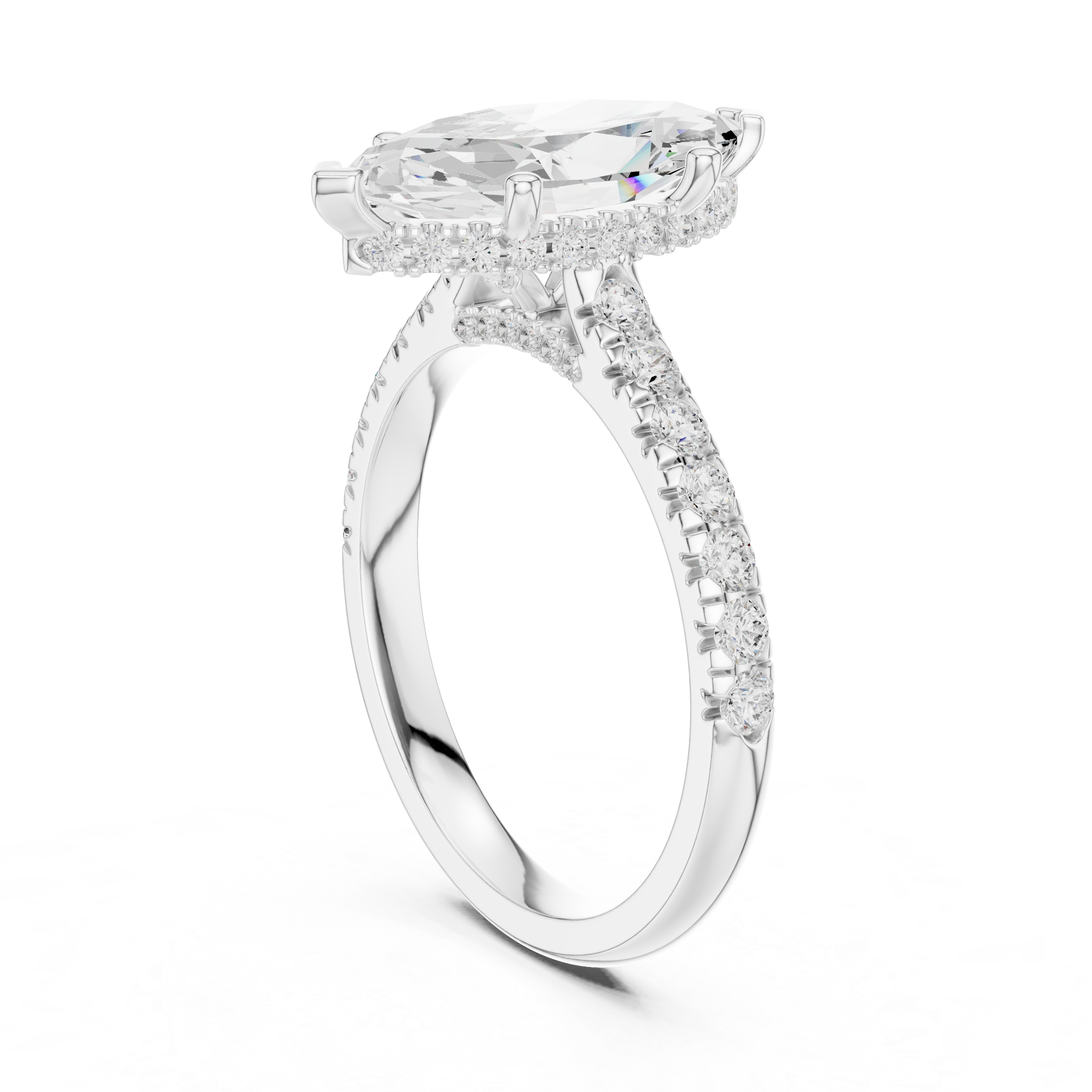 Marquise Cut Hidden Halo Engagement Ring with Pavé Diamond Band