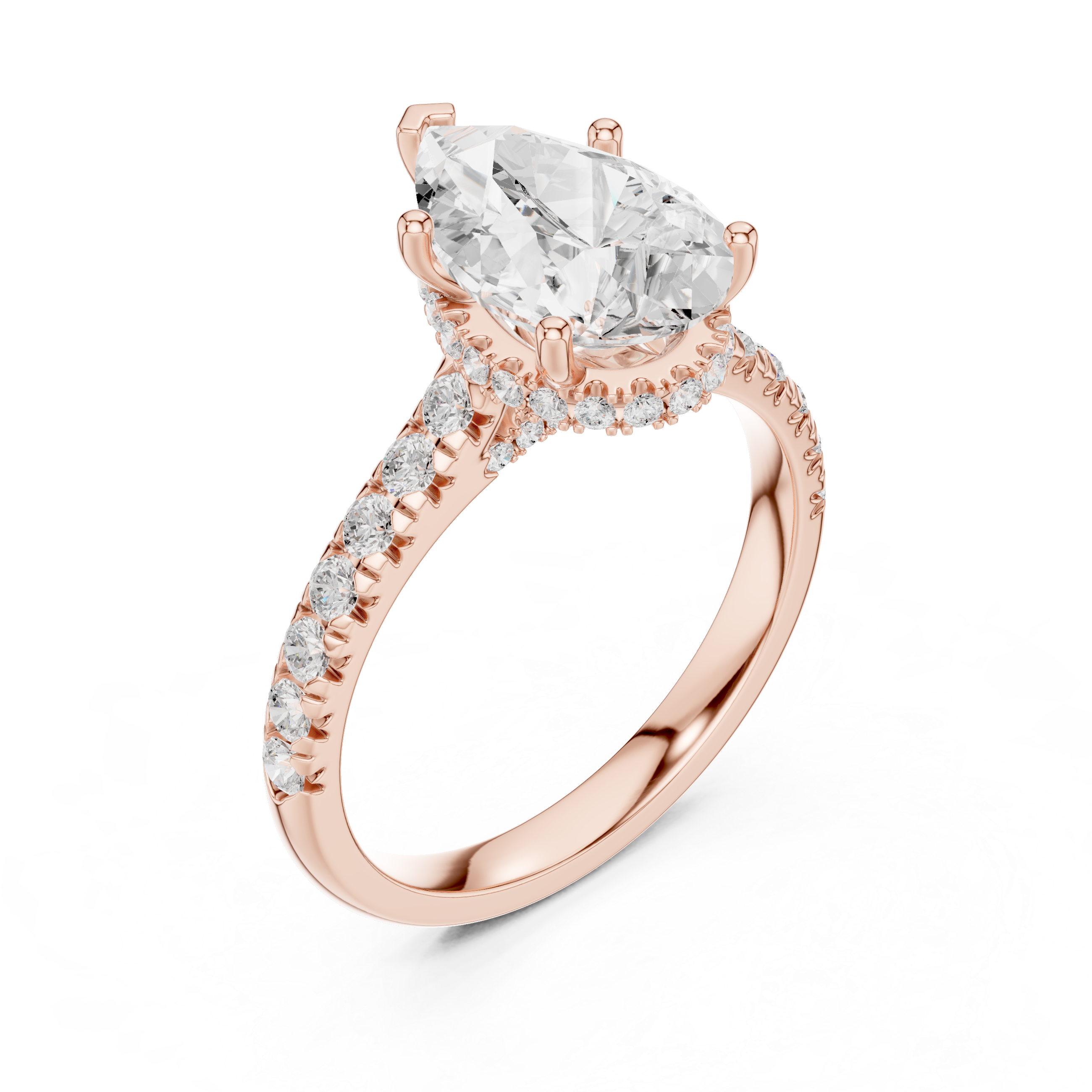 Pear Cut Hidden Halo Engagement Ring with Pavé Diamond Band