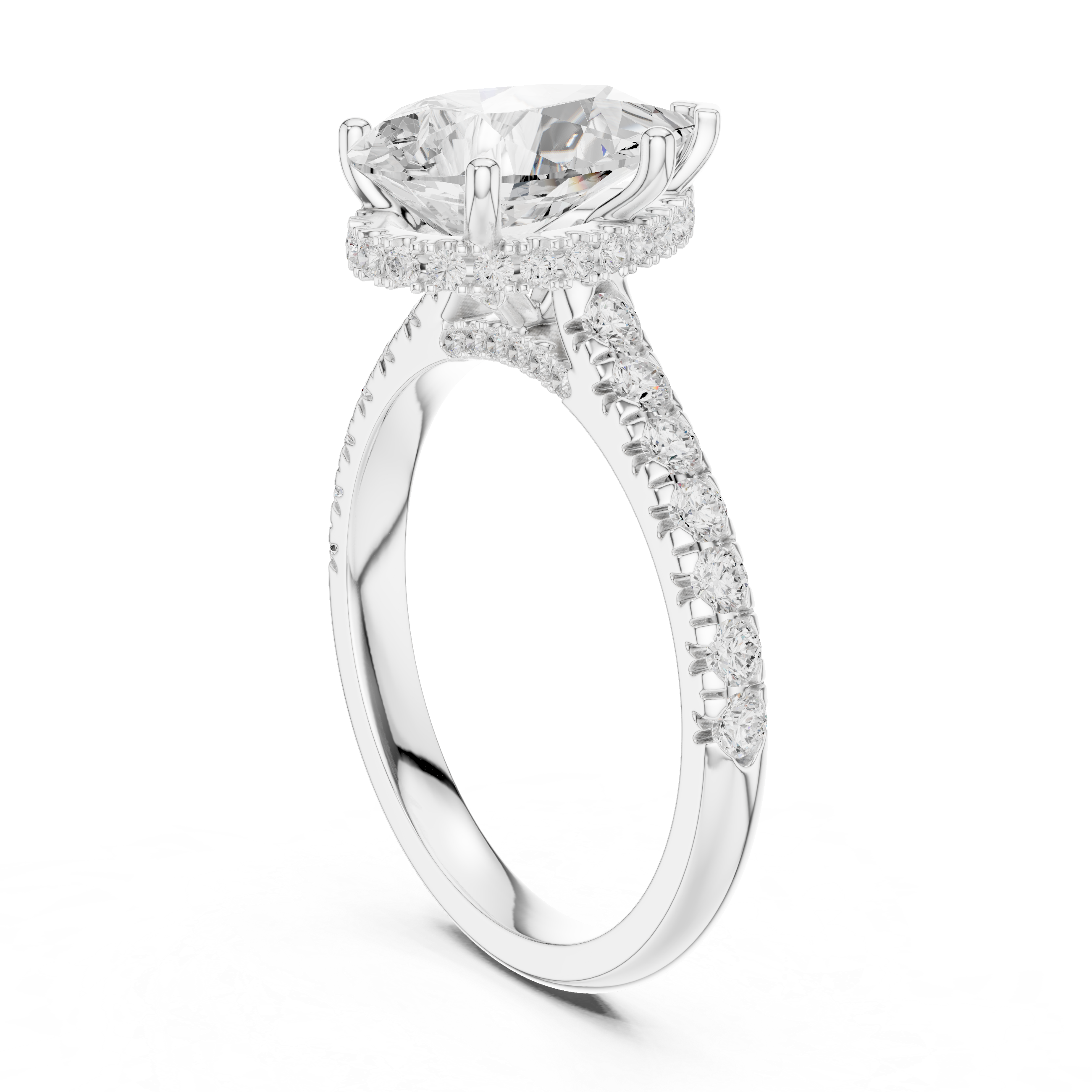 Pear Cut Hidden Halo Engagement Ring with Pavé Diamond Band