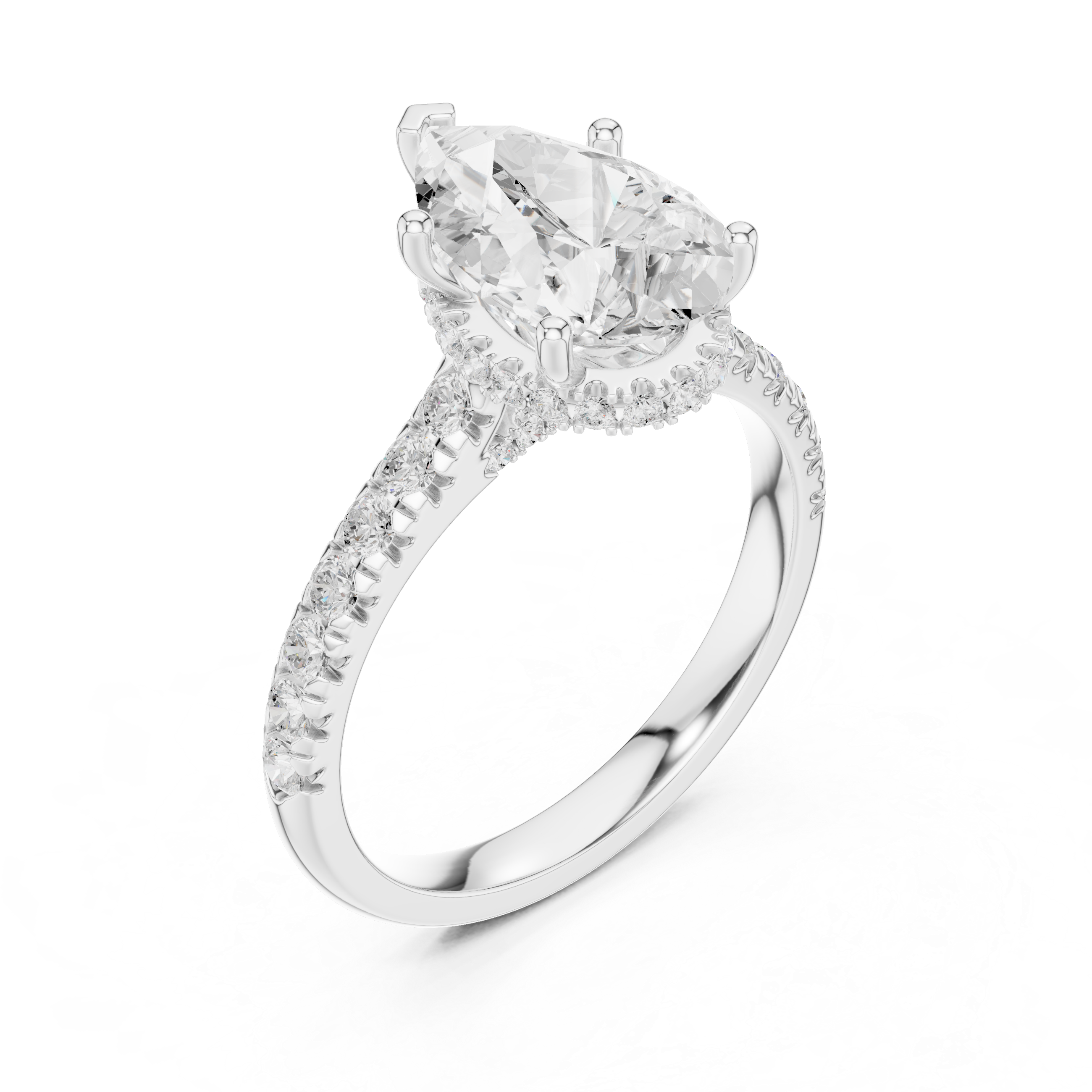 Pear Cut Hidden Halo Engagement Ring with Pavé Diamond Band