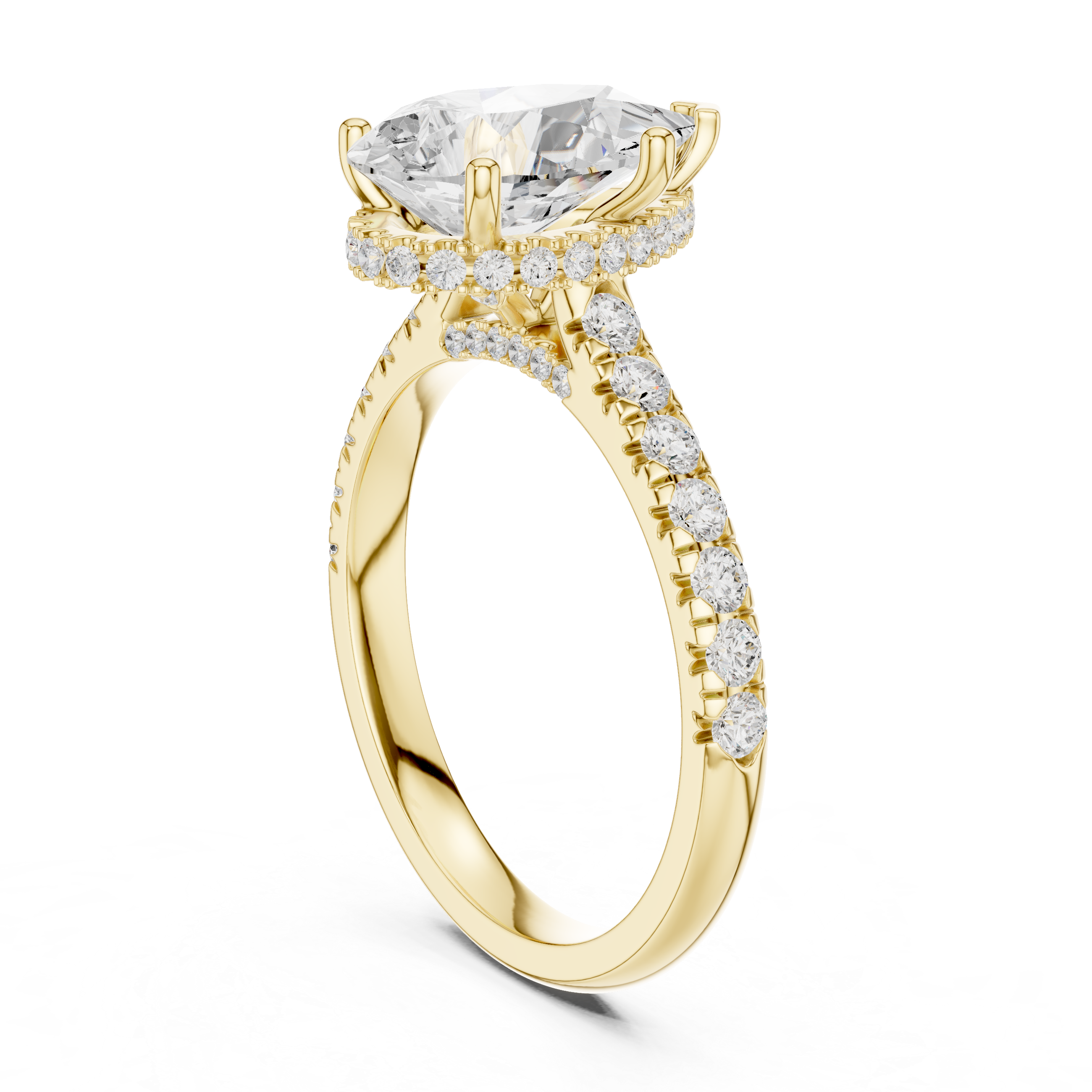Pear Cut Hidden Halo Engagement Ring with Pavé Diamond Band