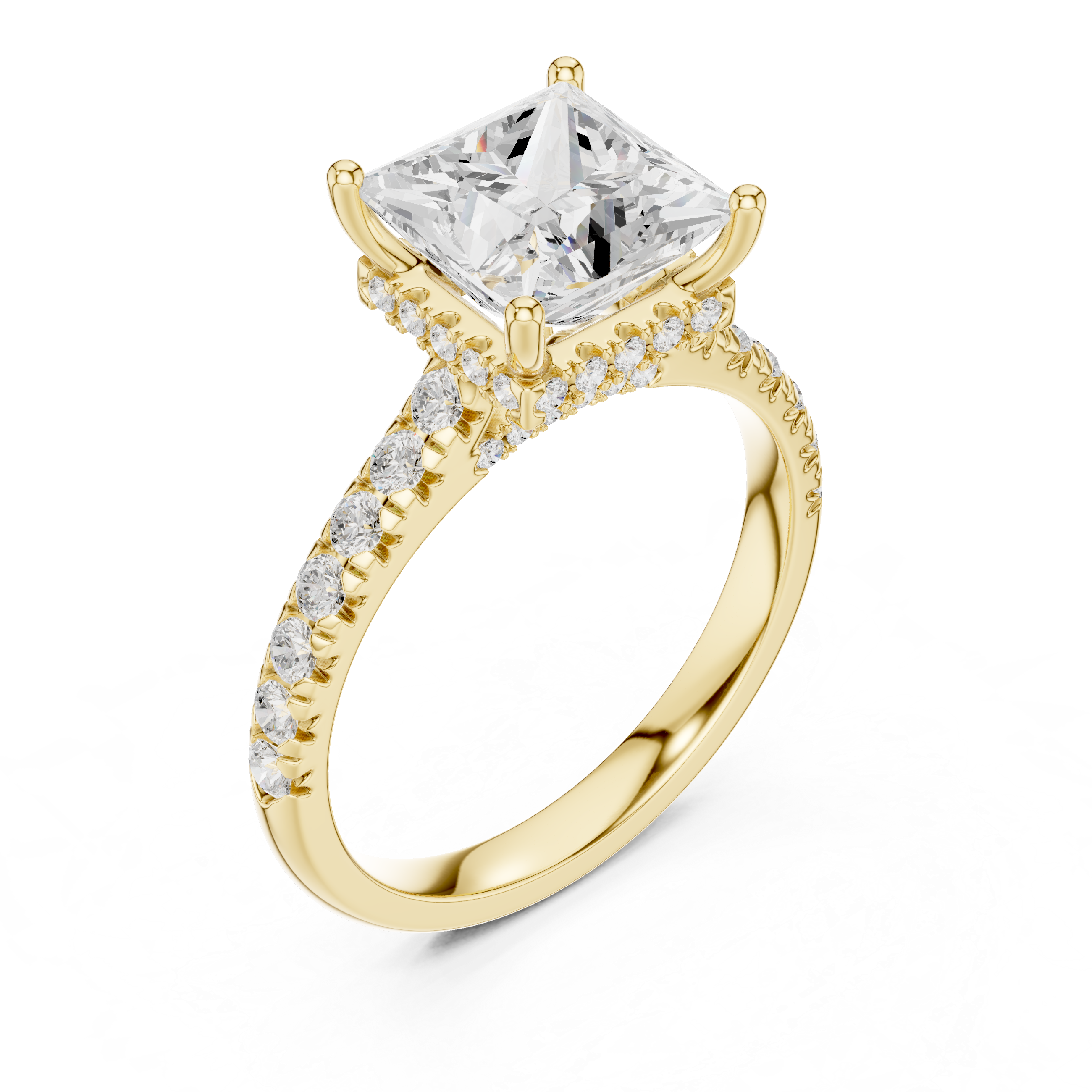 Princess Cut Hidden Halo Engagement Ring with Pavé Diamond Band