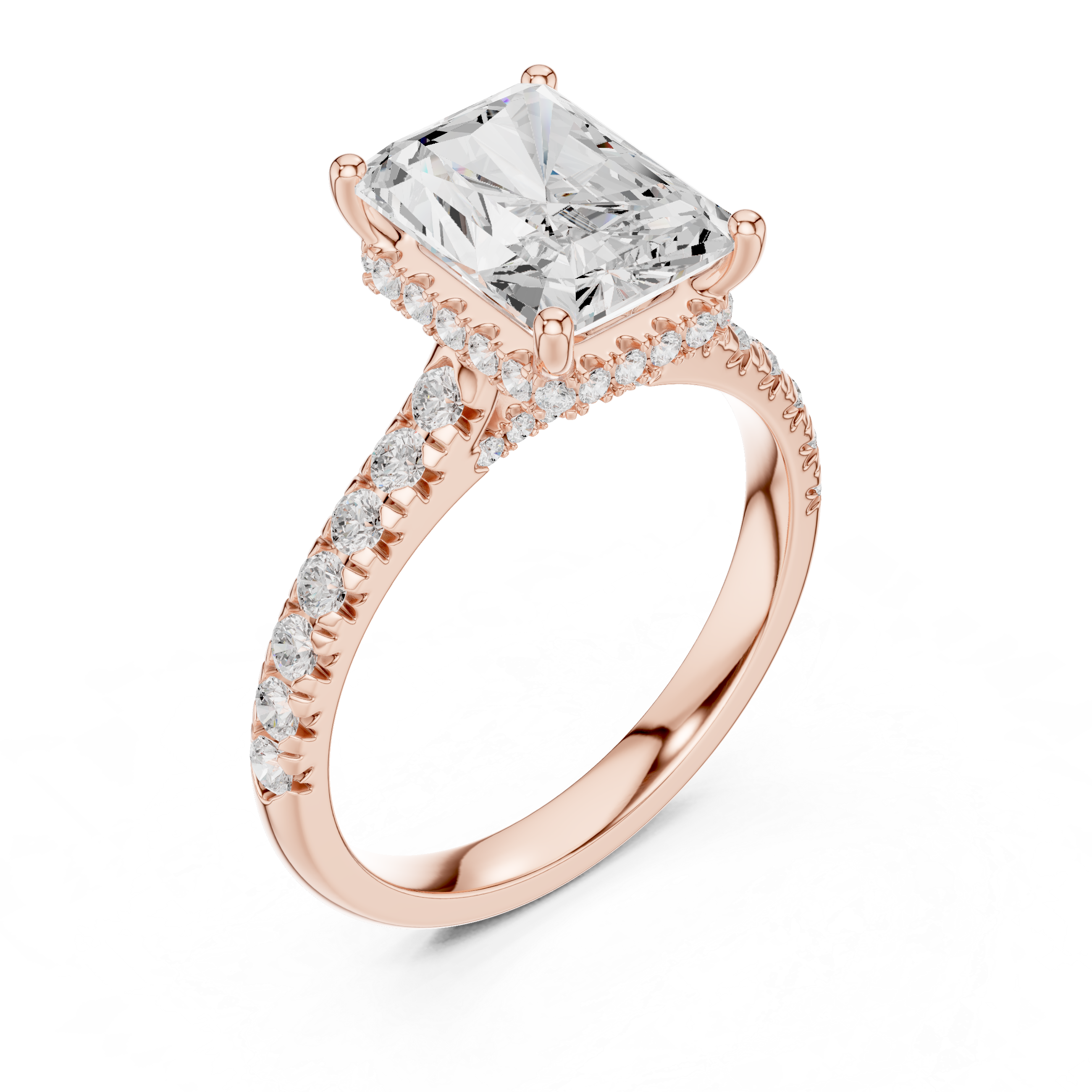 Radiant Cut Hidden Halo Engagement Ring with Pavé Diamond Band