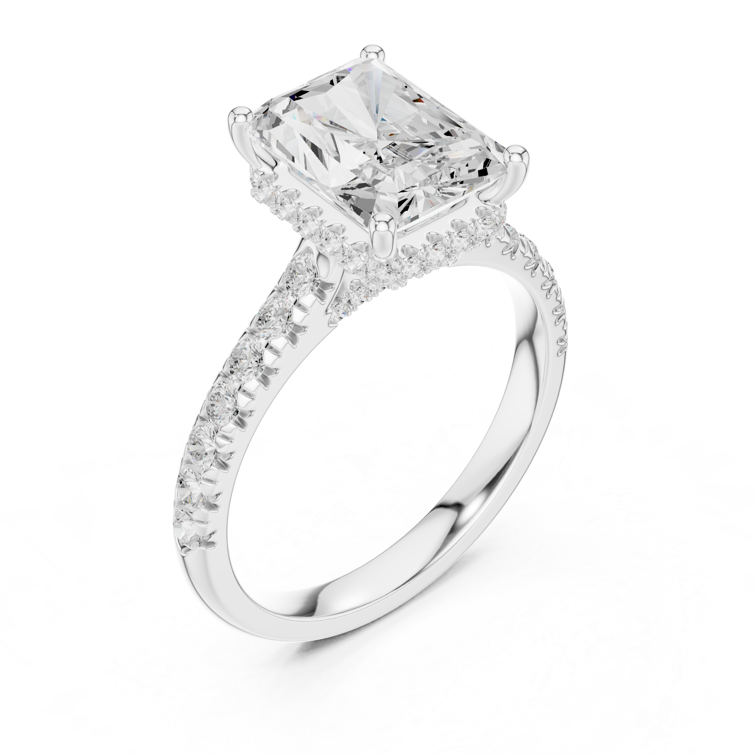 Radiant Cut Hidden Halo Engagement Ring with Pavé Diamond Band
