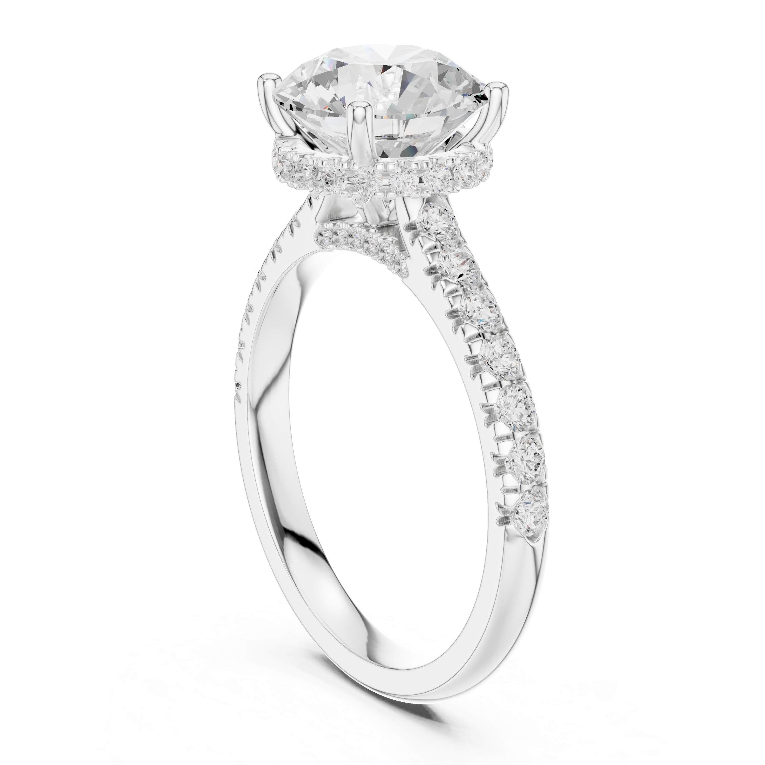 Round Brilliant Hidden Halo Engagement Ring with Pavé Diamond Band