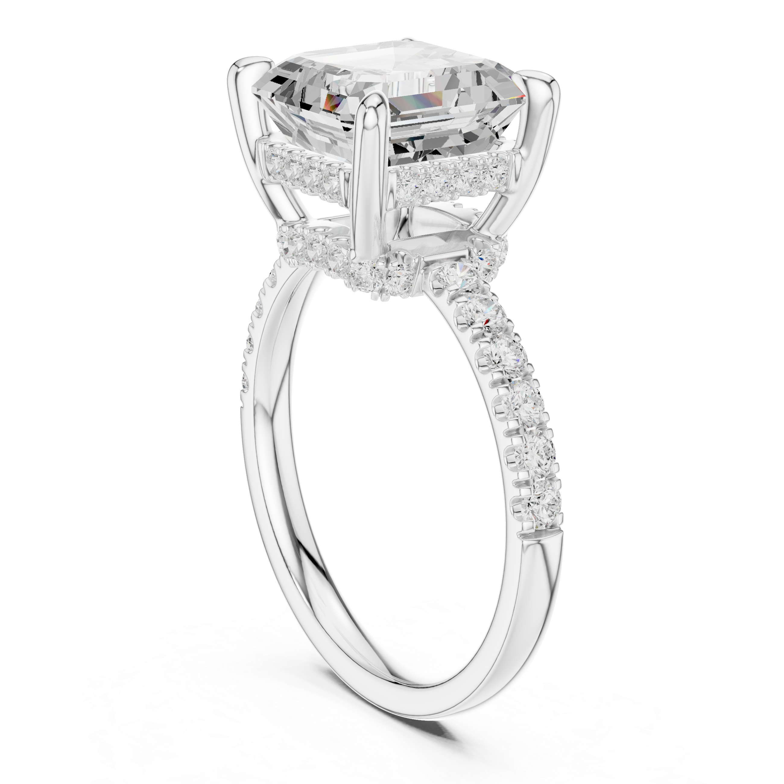 Asscher Cut Hidden Halo Engagement Ring with Pavé Diamond Band