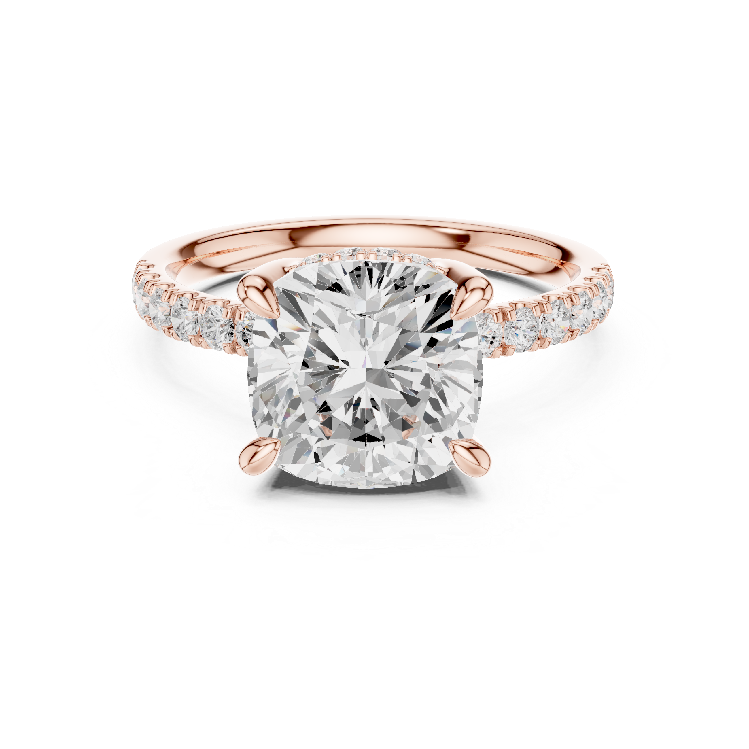 Cushion Cut Hidden Halo Engagement Ring with Pavé Diamond Band