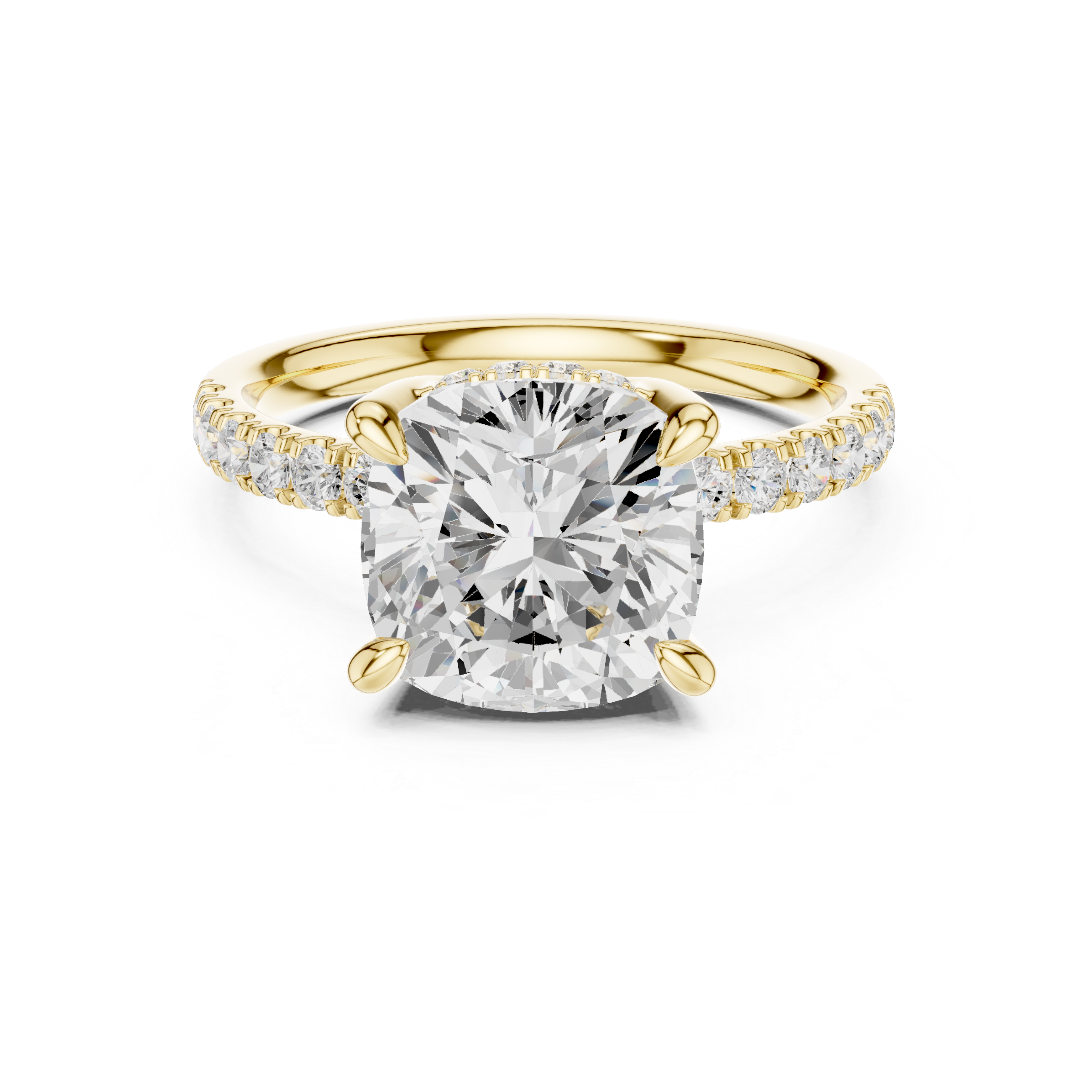 Cushion Cut Hidden Halo Engagement Ring with Pavé Diamond Band