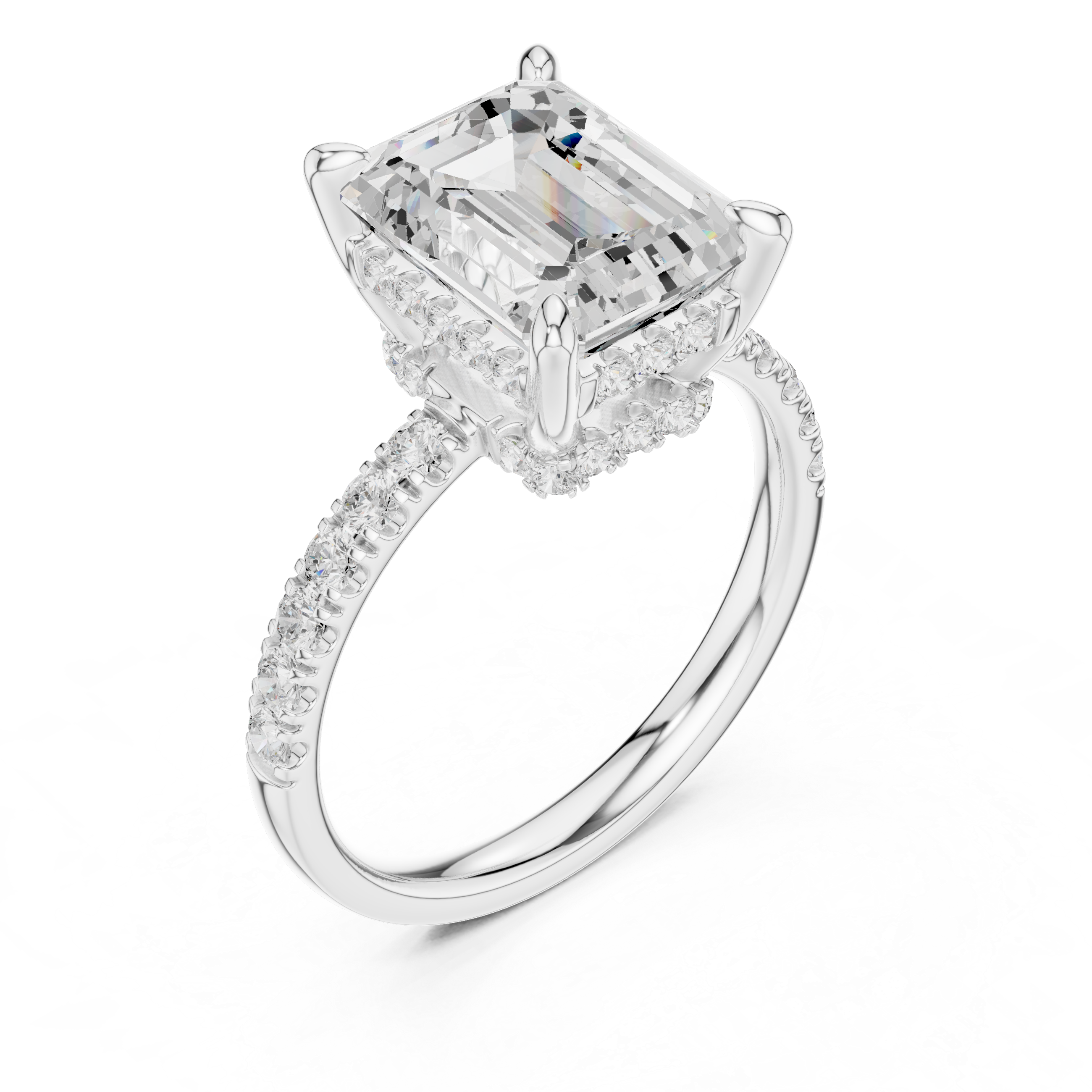 Emerald Cut Hidden Halo Engagement Ring with Pavé Diamond Band