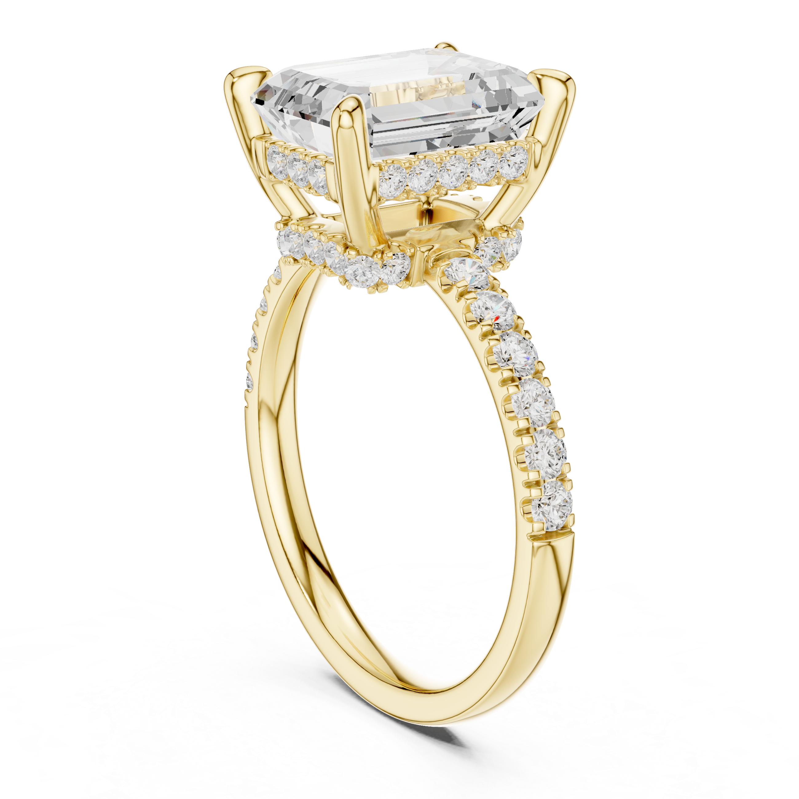 Emerald Cut Hidden Halo Engagement Ring with Pavé Diamond Band