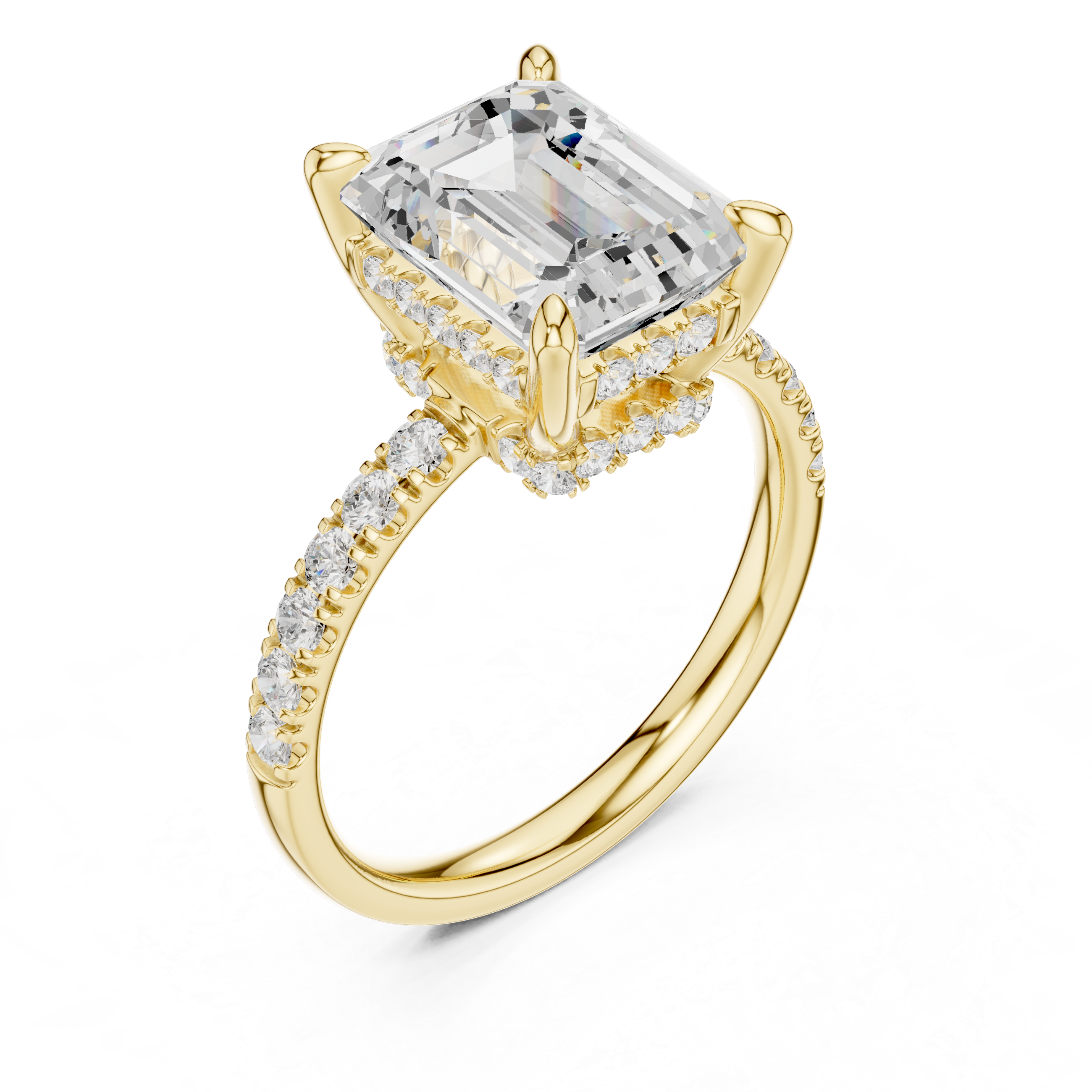 Emerald Cut Hidden Halo Engagement Ring with Pavé Diamond Band