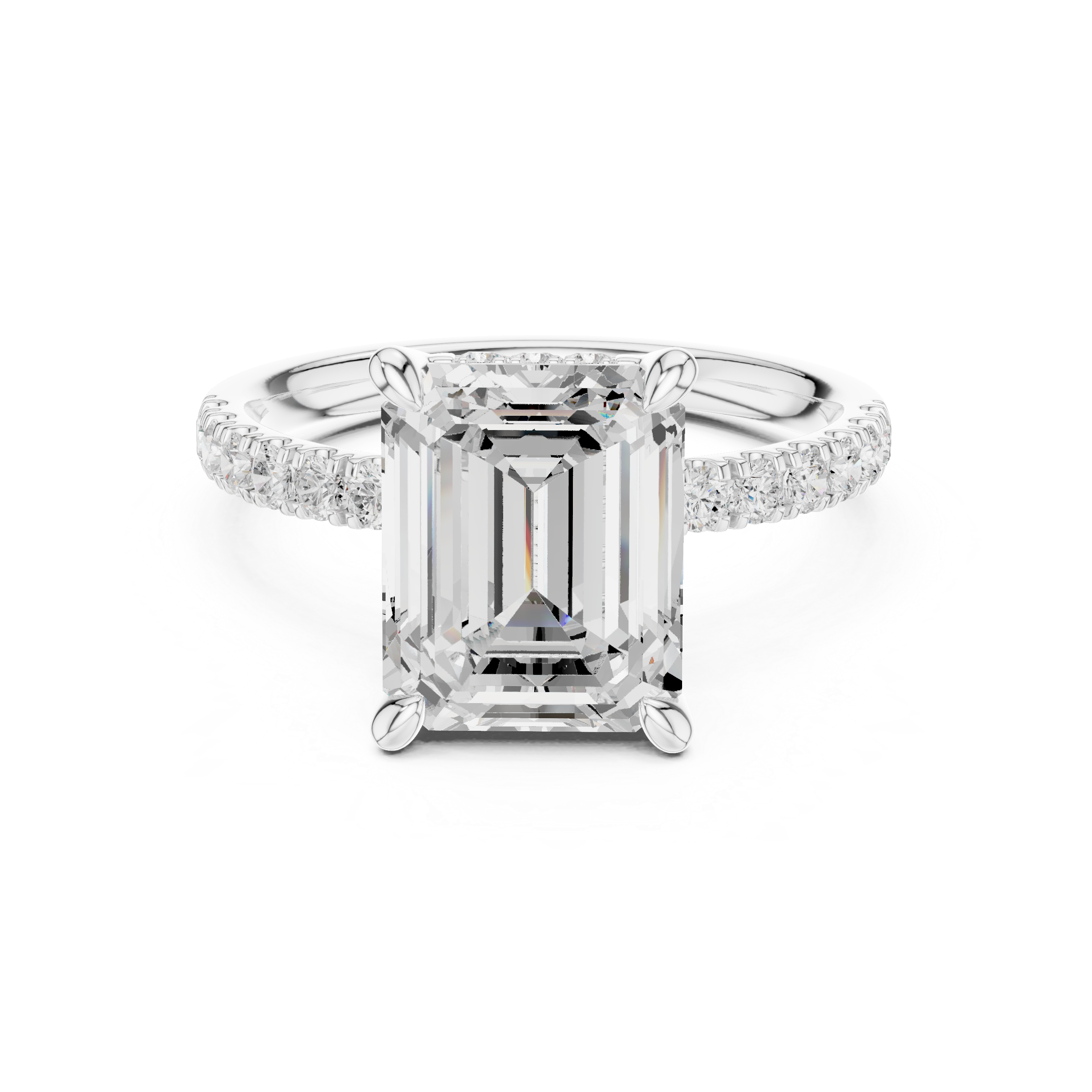 Emerald Cut Hidden Halo Engagement Ring with Pavé Diamond Band