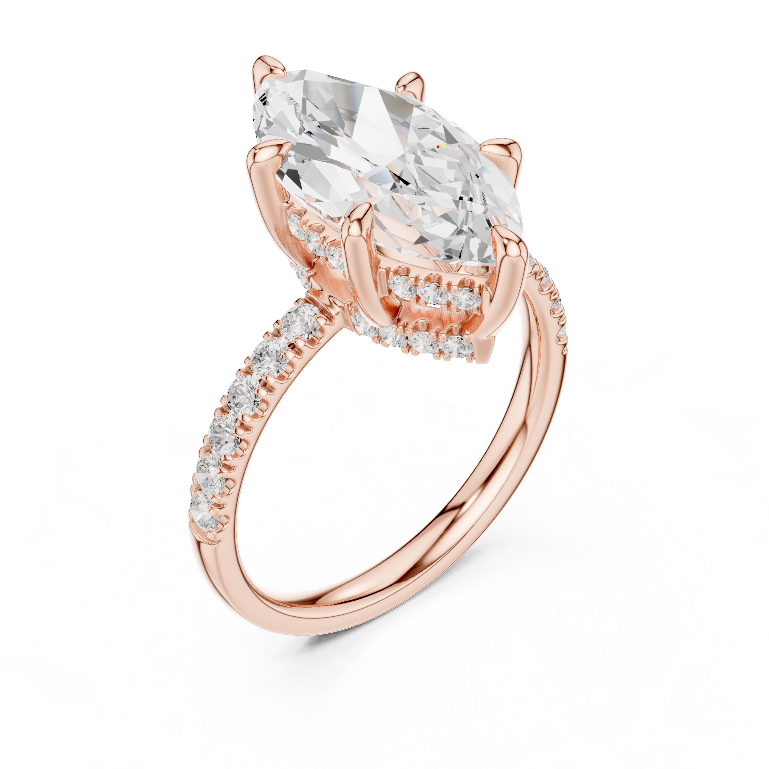 Marquise Cut Hidden Halo Engagement Ring with Pavé Diamond Band